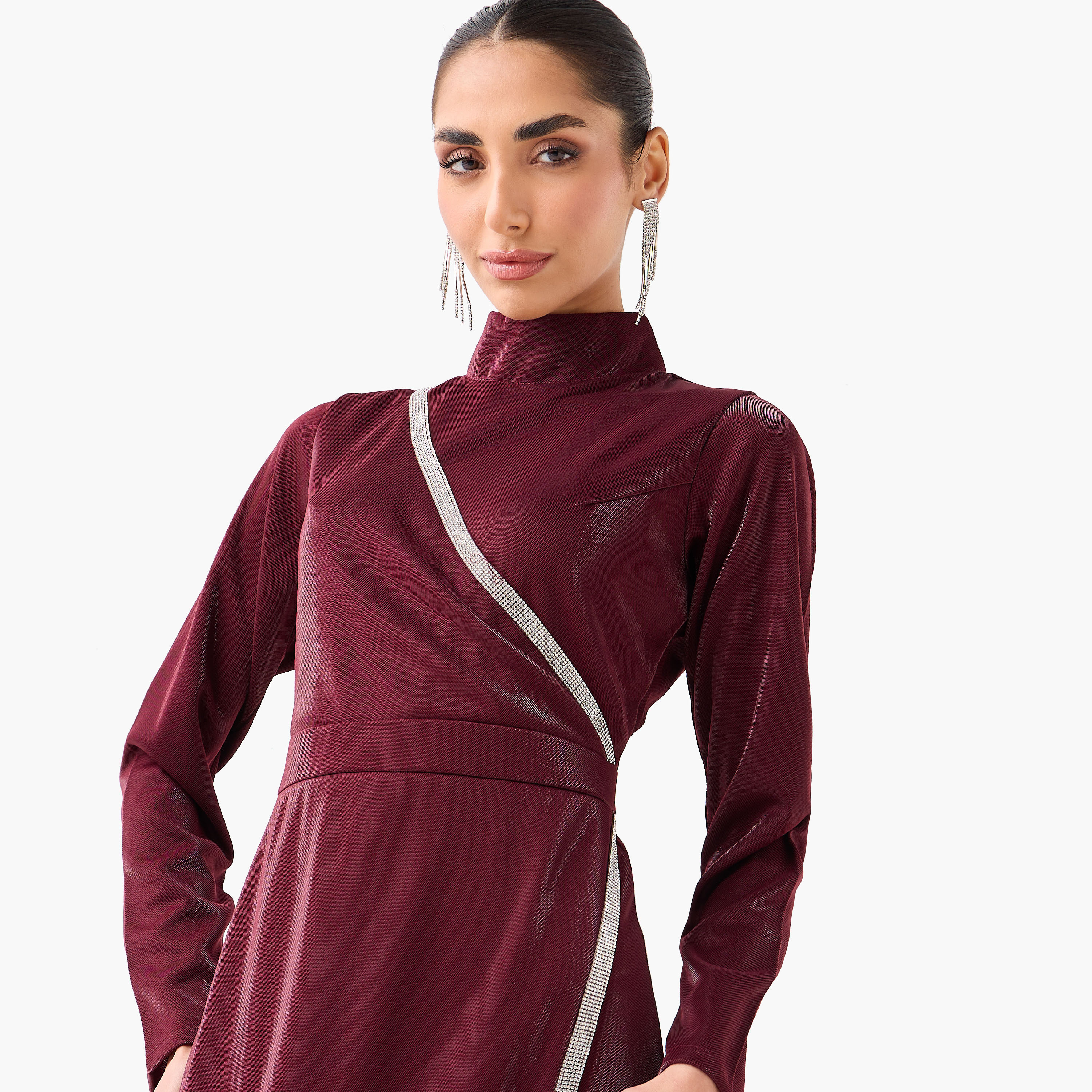 Golden Apple Maroon Embellished High Neck Sheath Women's Evening Maxi Dress-women-clothing-dresses-image-5