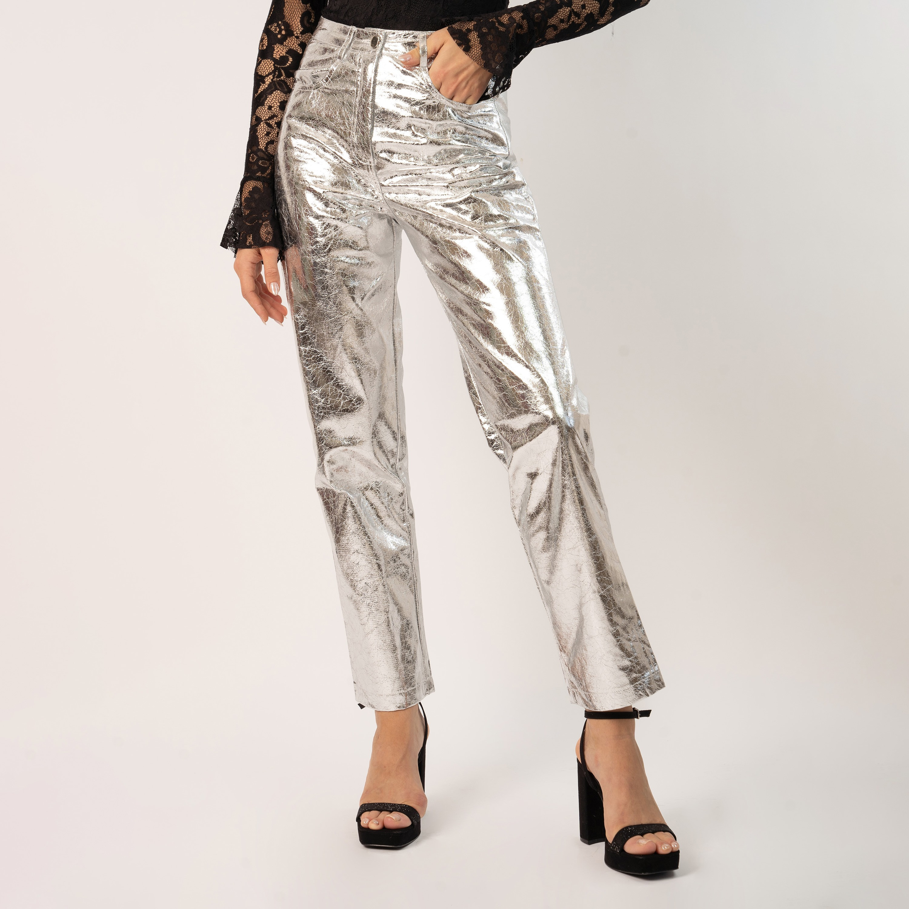 بنطال بمزين مع جيب ذو عالي الخصر بمعدني من جيديد روز-women-clothing-bottoms-trousers-image-5