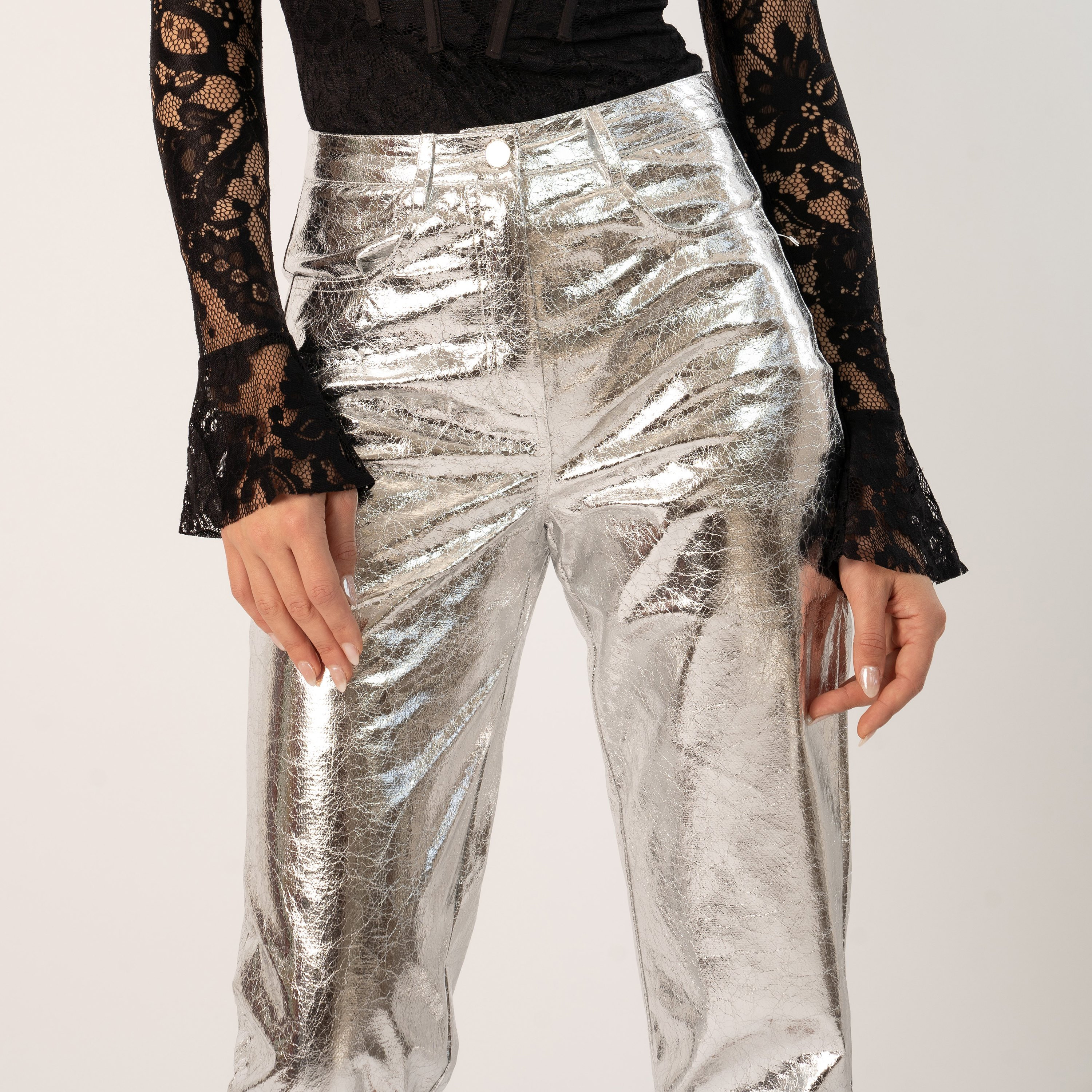 بنطال بمزين مع جيب ذو عالي الخصر بمعدني من جيديد روز-women-clothing-bottoms-trousers-image-7