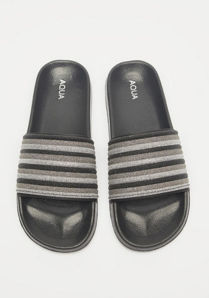 Aqua Embellished Striped Slide Slippers-Women%27s Flip Flops & Beach Slippers-image-0