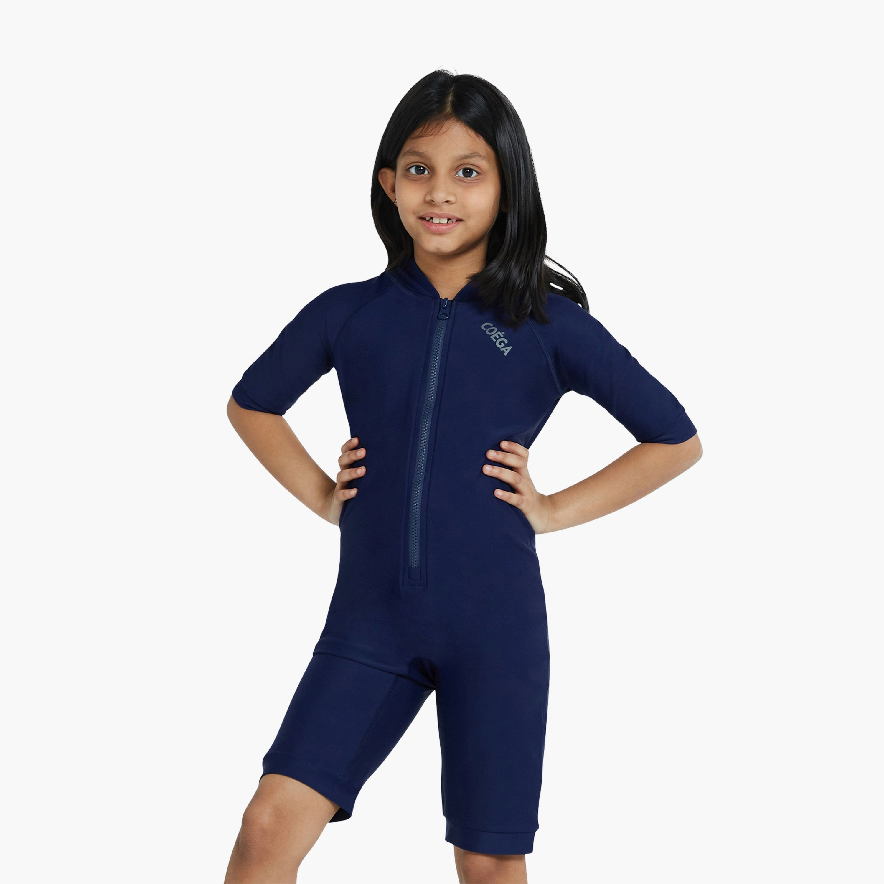 بدلة كويغا للفتيات قطعة واحدة مع سحاب أمامي – كحلي متصلب-girls-clothing-sportswear-swimwear-image-1