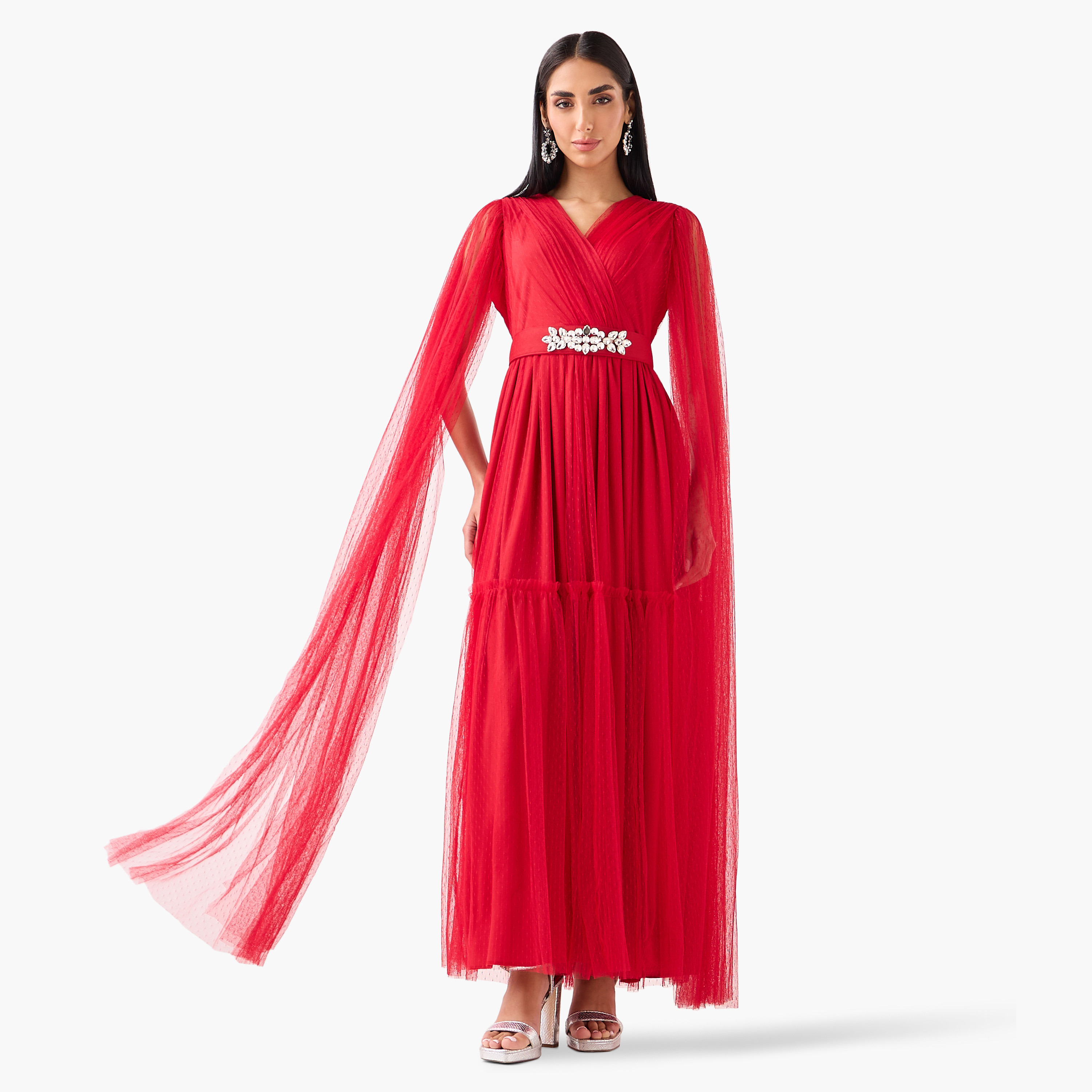 Golden Apple Red Sheer Surplice Neck Cape Sleeves Tiered Women's Evening Maxi Dress-women-clothing-dresses-image-1