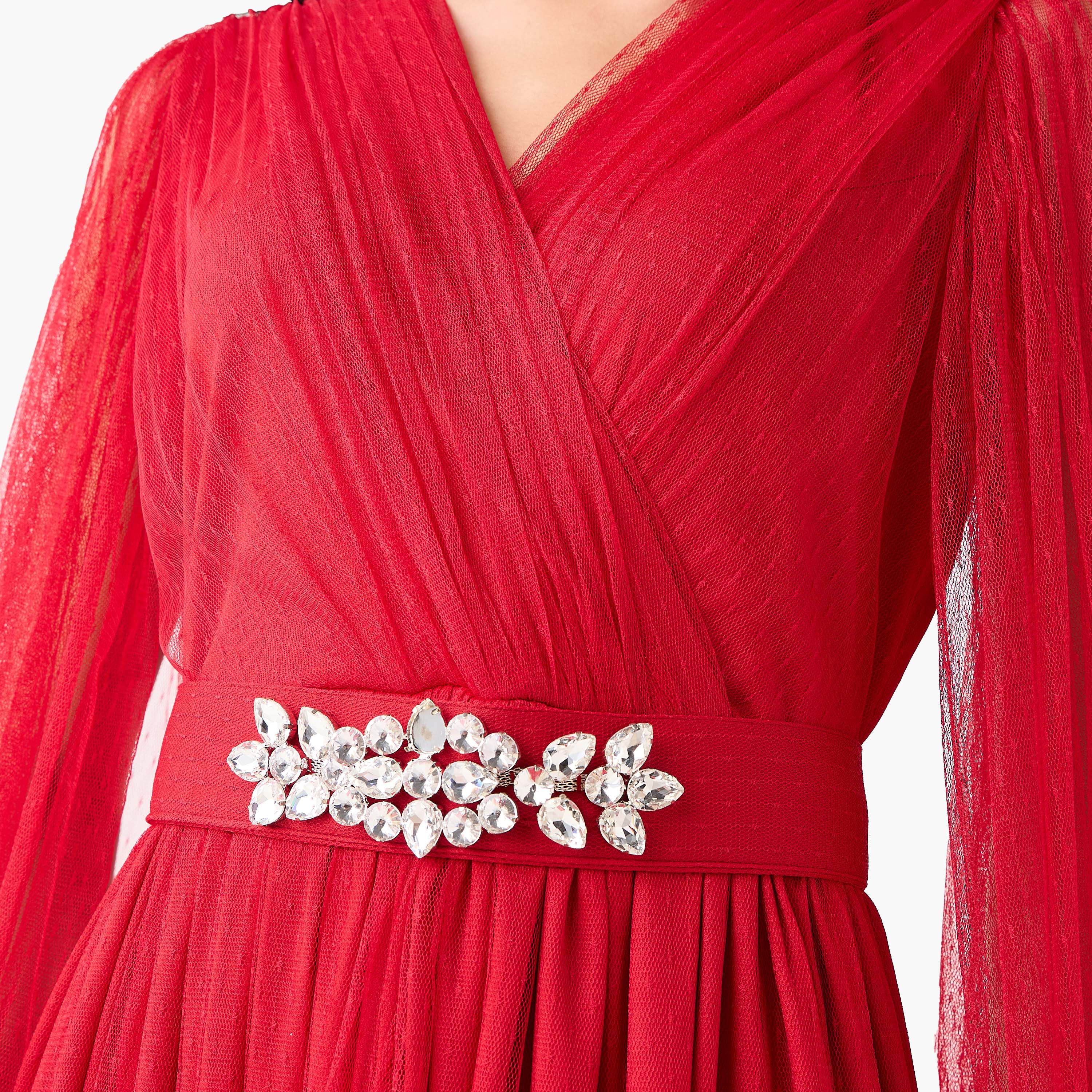 Golden Apple Red Sheer Surplice Neck Cape Sleeves Tiered Women's Evening Maxi Dress-women-clothing-dresses-image-2