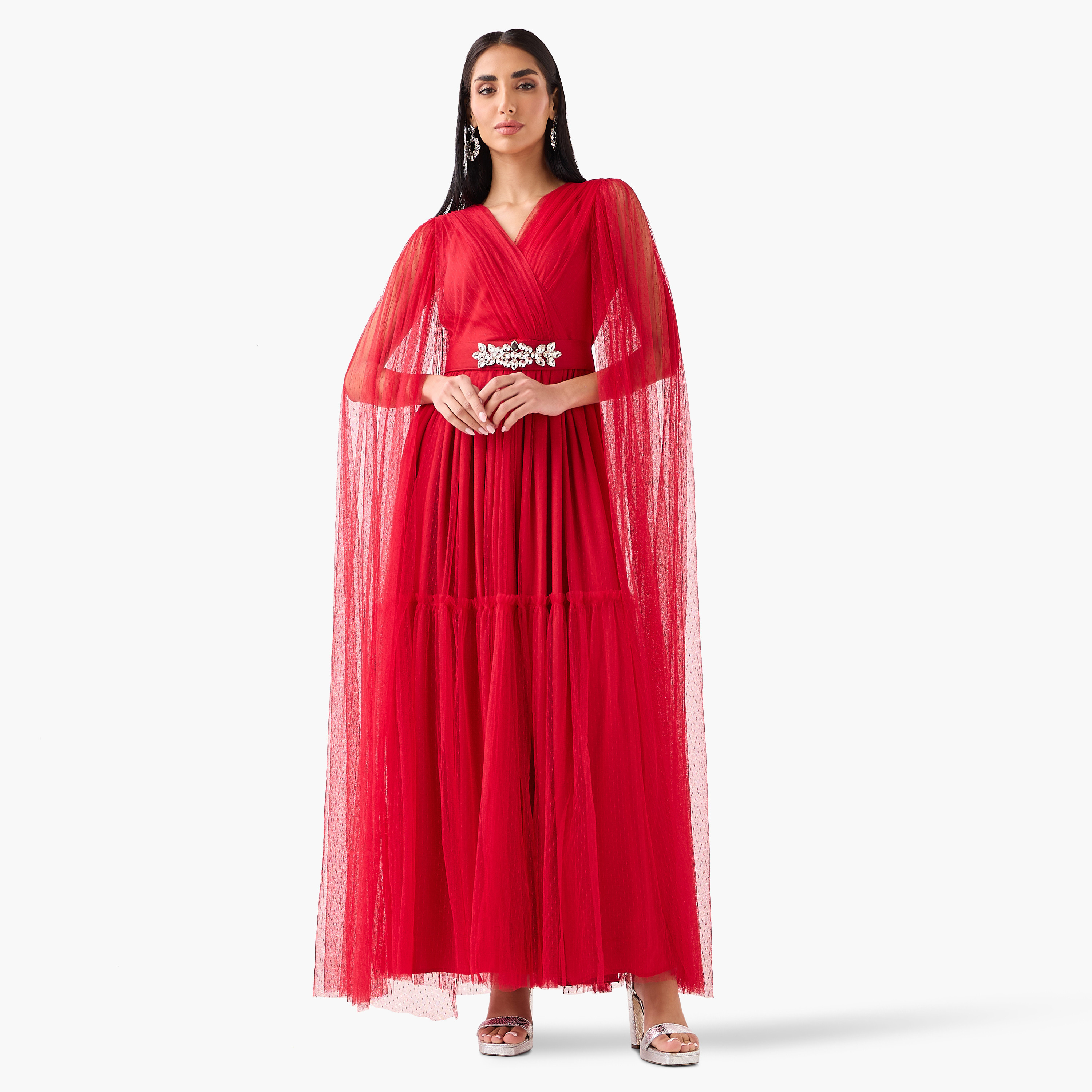 Golden Apple Red Sheer Surplice Neck Cape Sleeves Tiered Women's Evening Maxi Dress-women-clothing-dresses-image-3