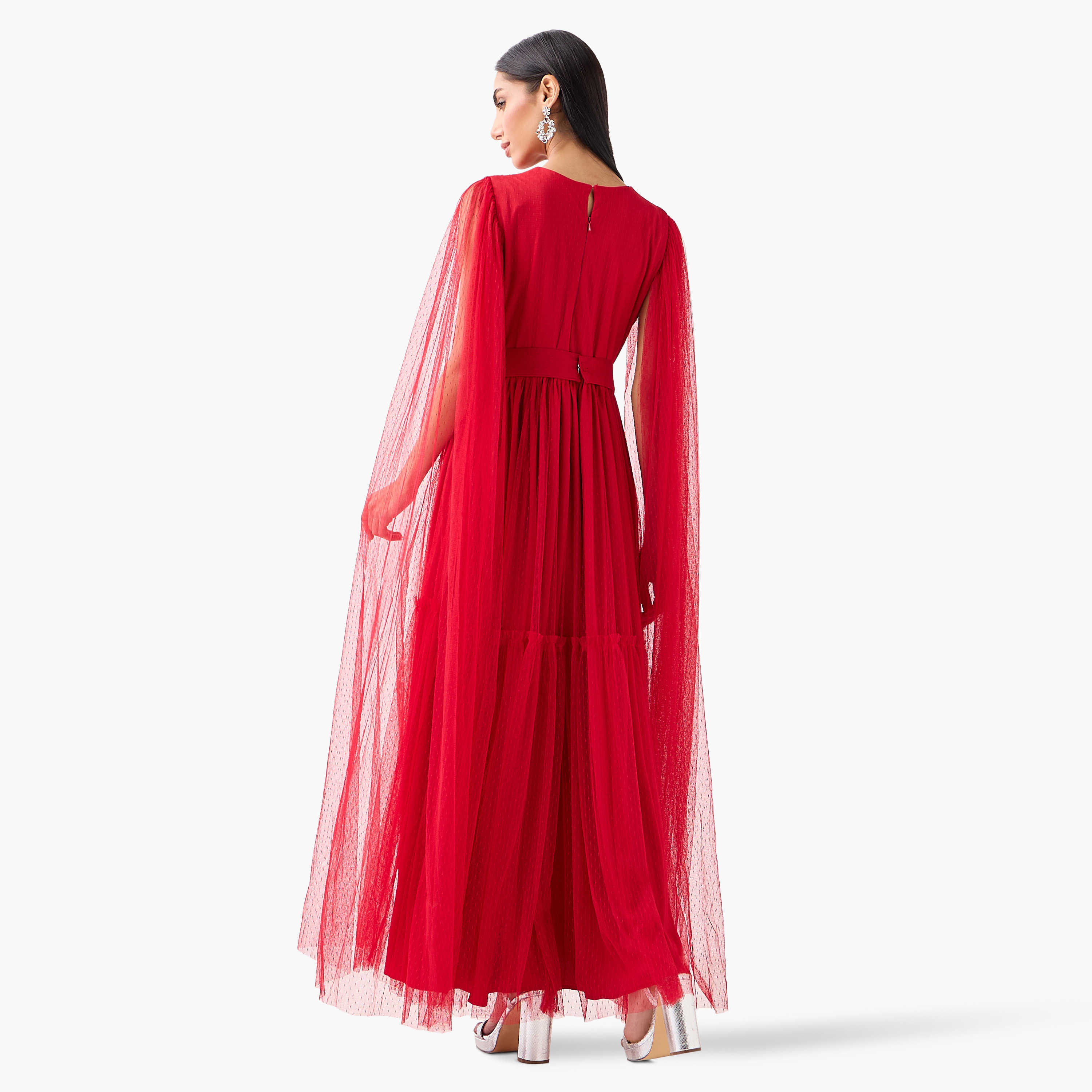 Golden Apple Red Sheer Surplice Neck Cape Sleeves Tiered Women's Evening Maxi Dress-women-clothing-dresses-image-4
