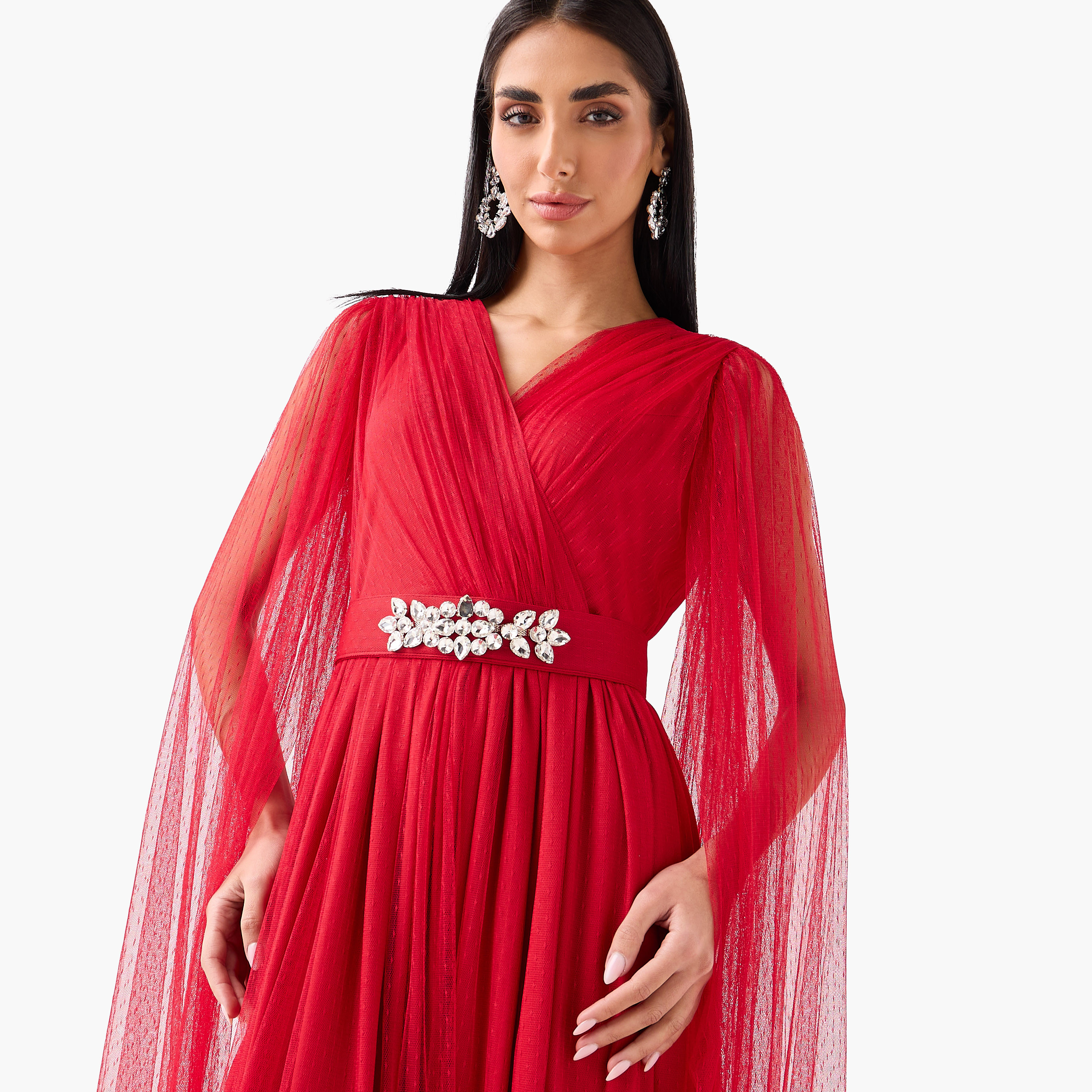 Golden Apple Red Sheer Surplice Neck Cape Sleeves Tiered Women's Evening Maxi Dress-women-clothing-dresses-image-5