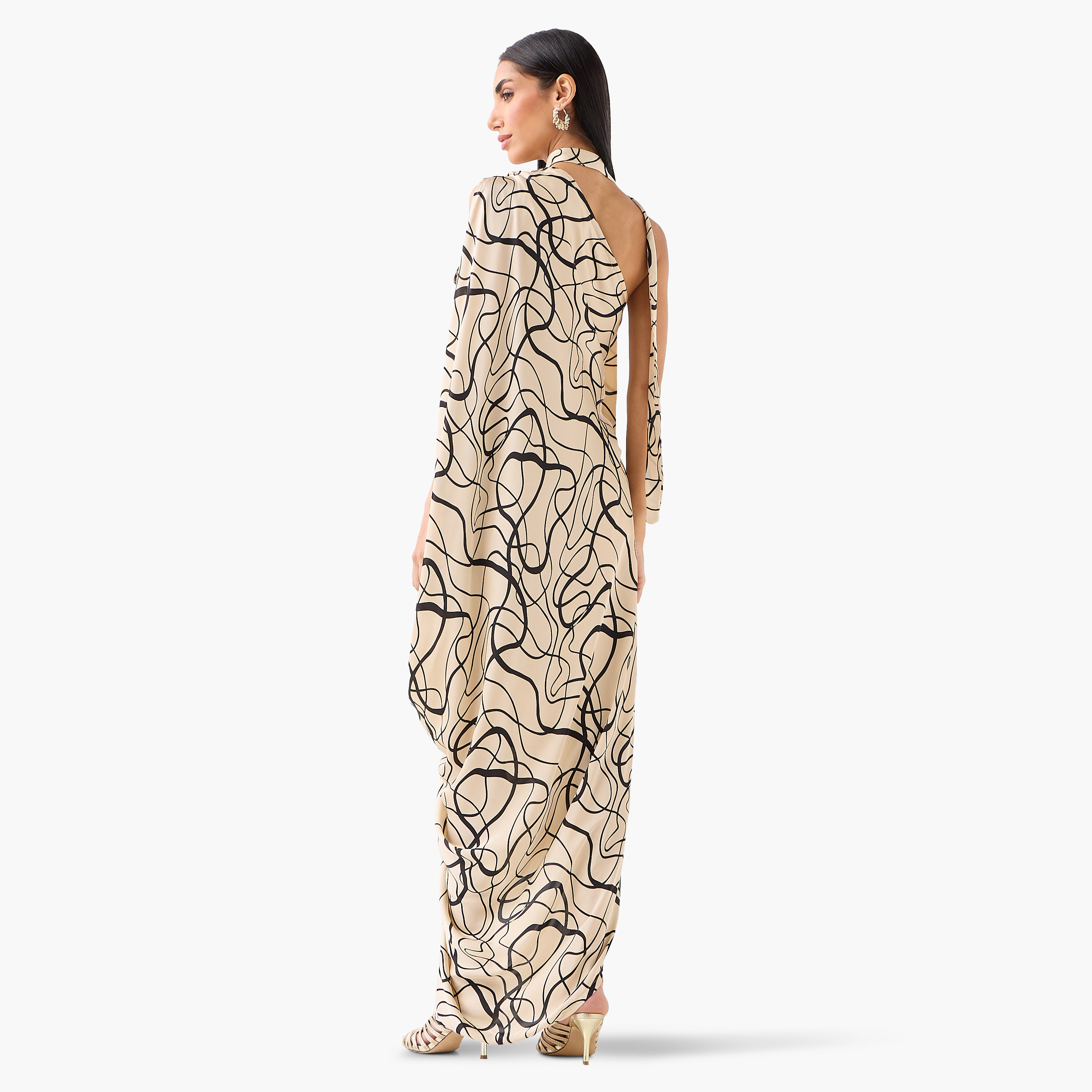 Golden Apple Beige Abstract Print Asymmetric Neck Cold Shoulder Sleeve Kaftan Women's Maxi Dress-women-clothing-dresses-image-4