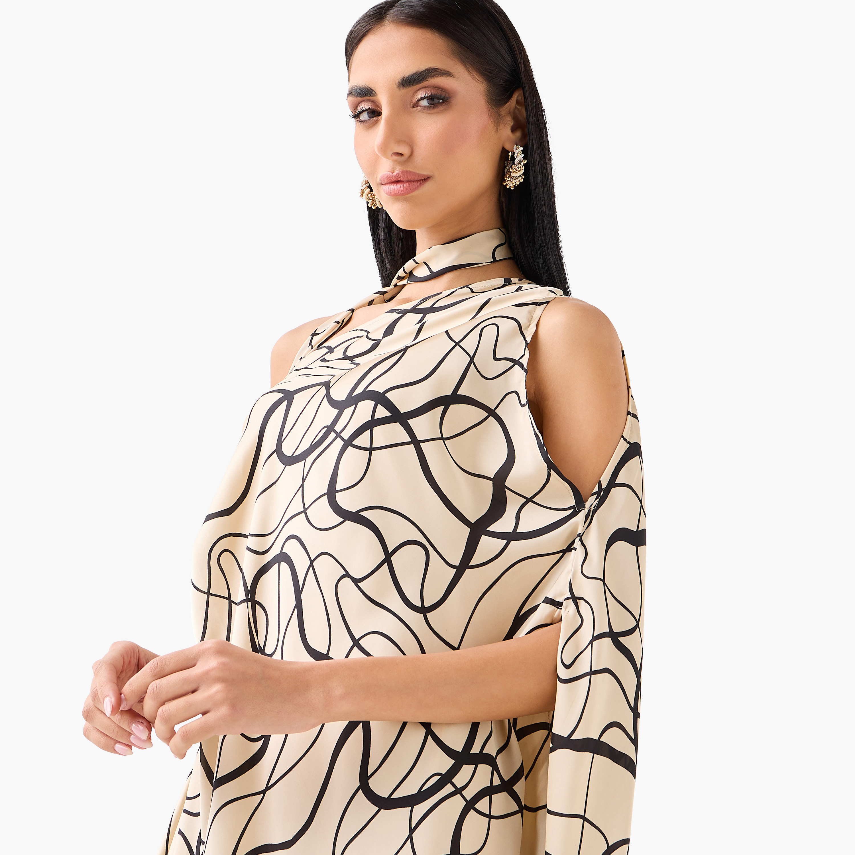 Golden Apple Beige Abstract Print Asymmetric Neck Cold Shoulder Sleeve Kaftan Women's Maxi Dress-women-clothing-dresses-image-5
