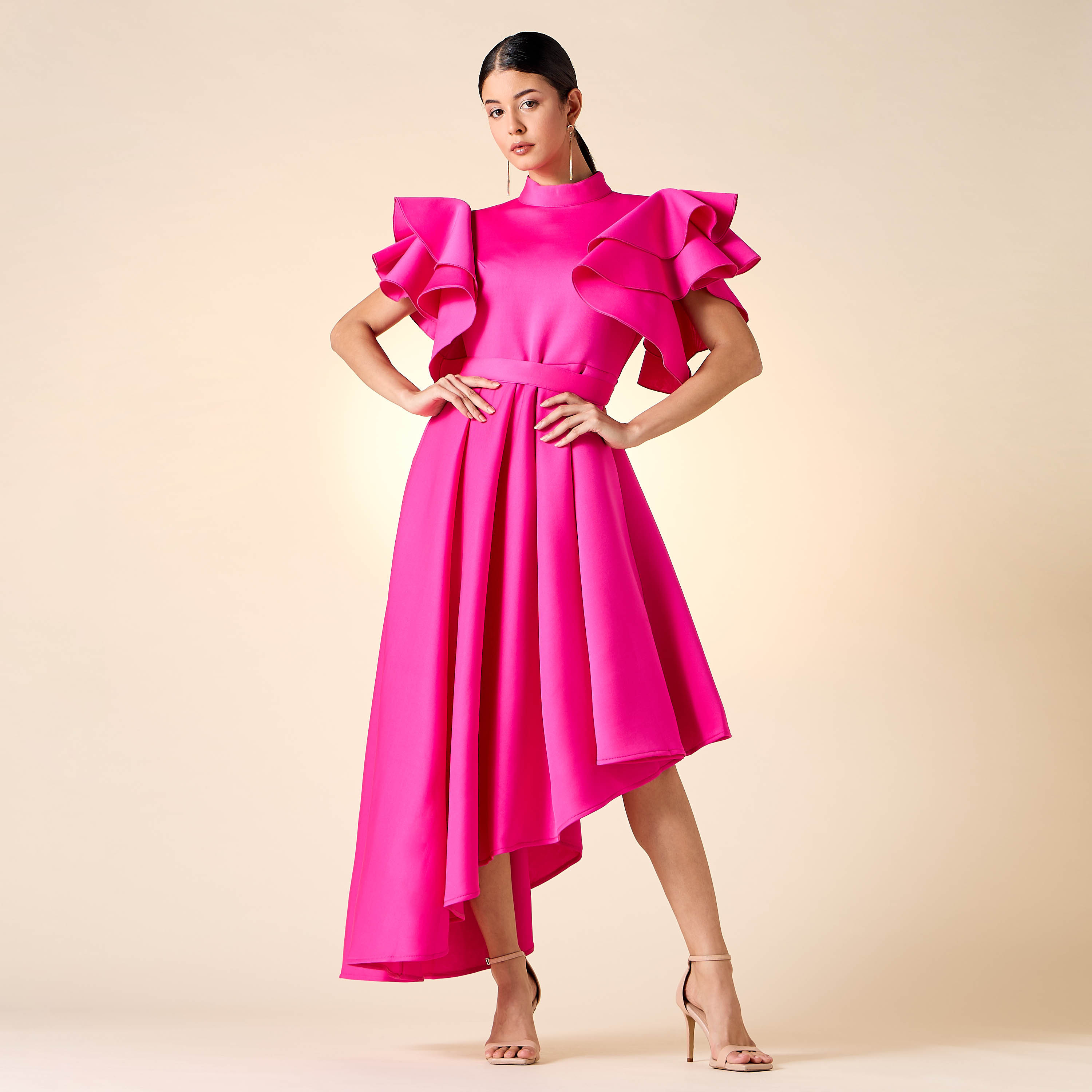 Golden Apple Solid High Neck Dress with Ruffles and Belt-women-clothing-dresses-image-7