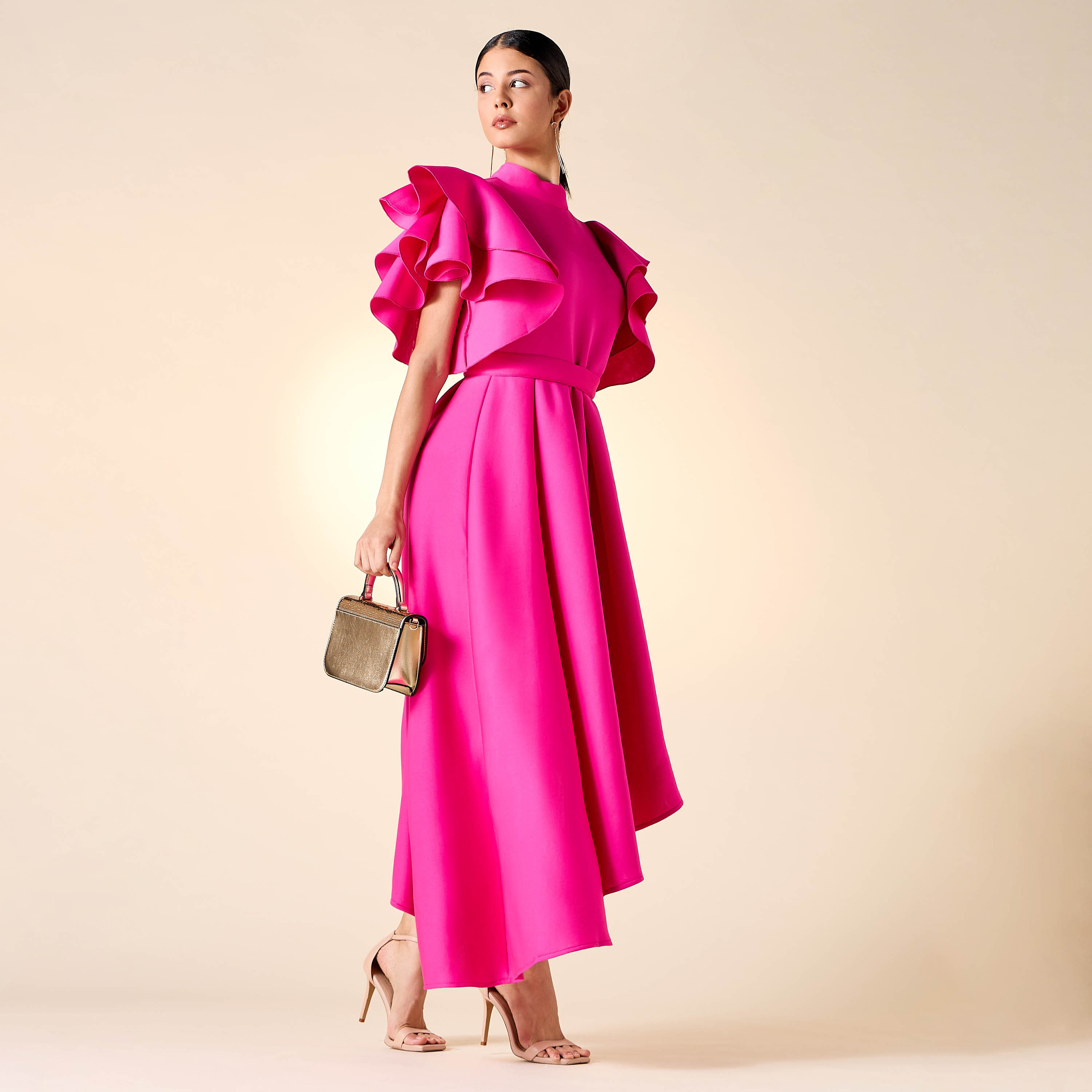 Golden Apple Solid High Neck Dress with Ruffles and Belt-women-clothing-dresses-image-8