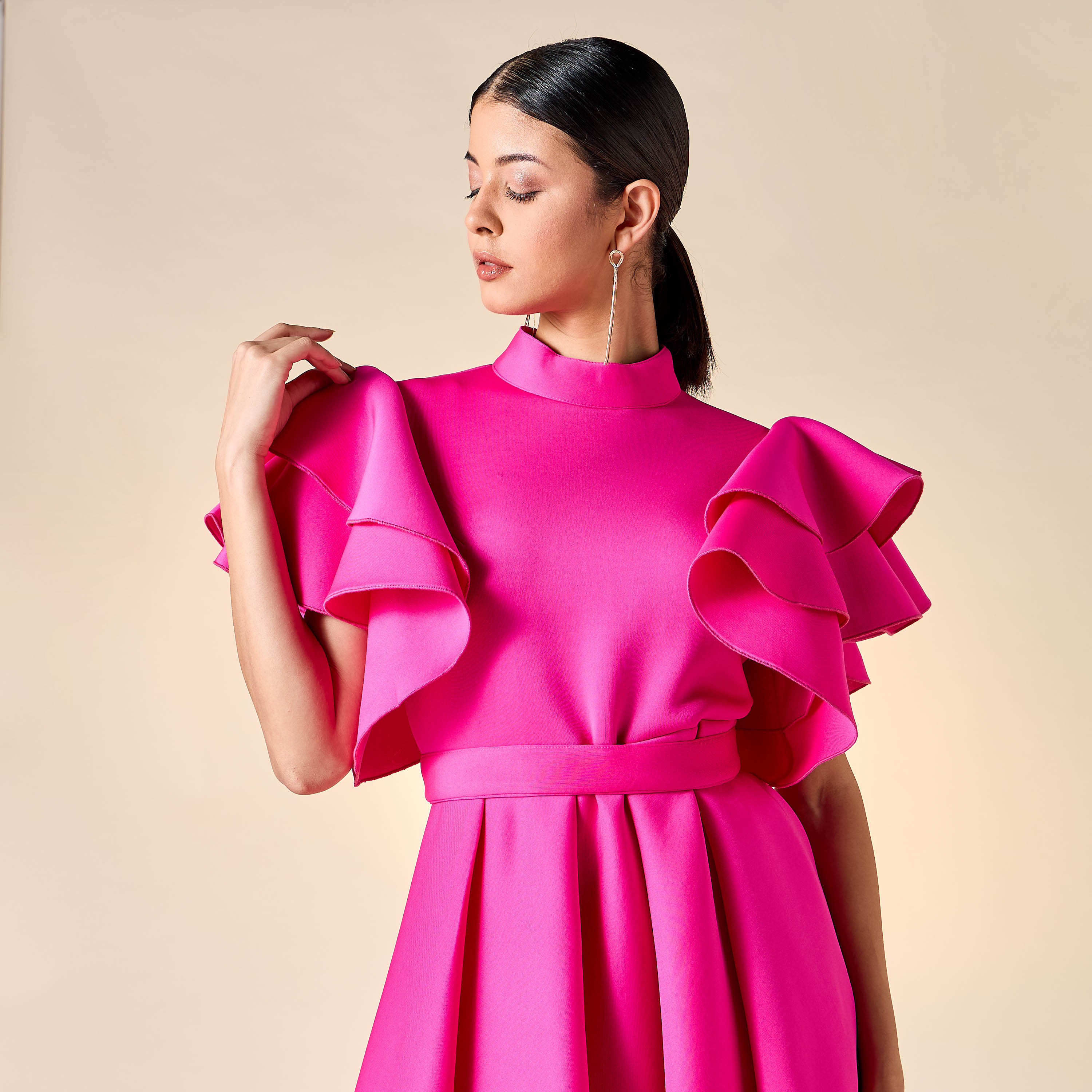 Golden Apple Solid High Neck Dress with Ruffles and Belt-women-clothing-dresses-image-10