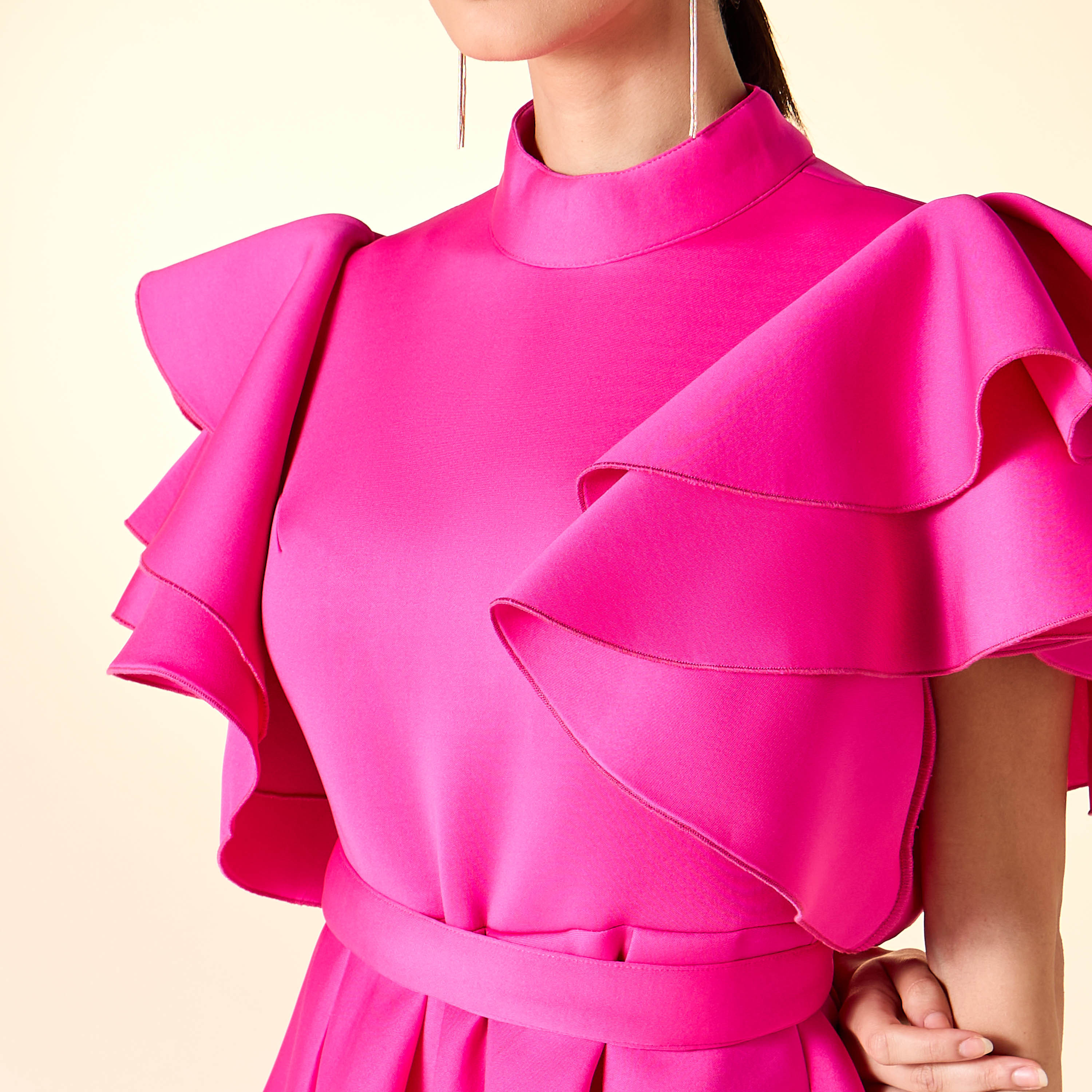 Golden Apple Solid High Neck Dress with Ruffles and Belt-women-clothing-dresses-image-11