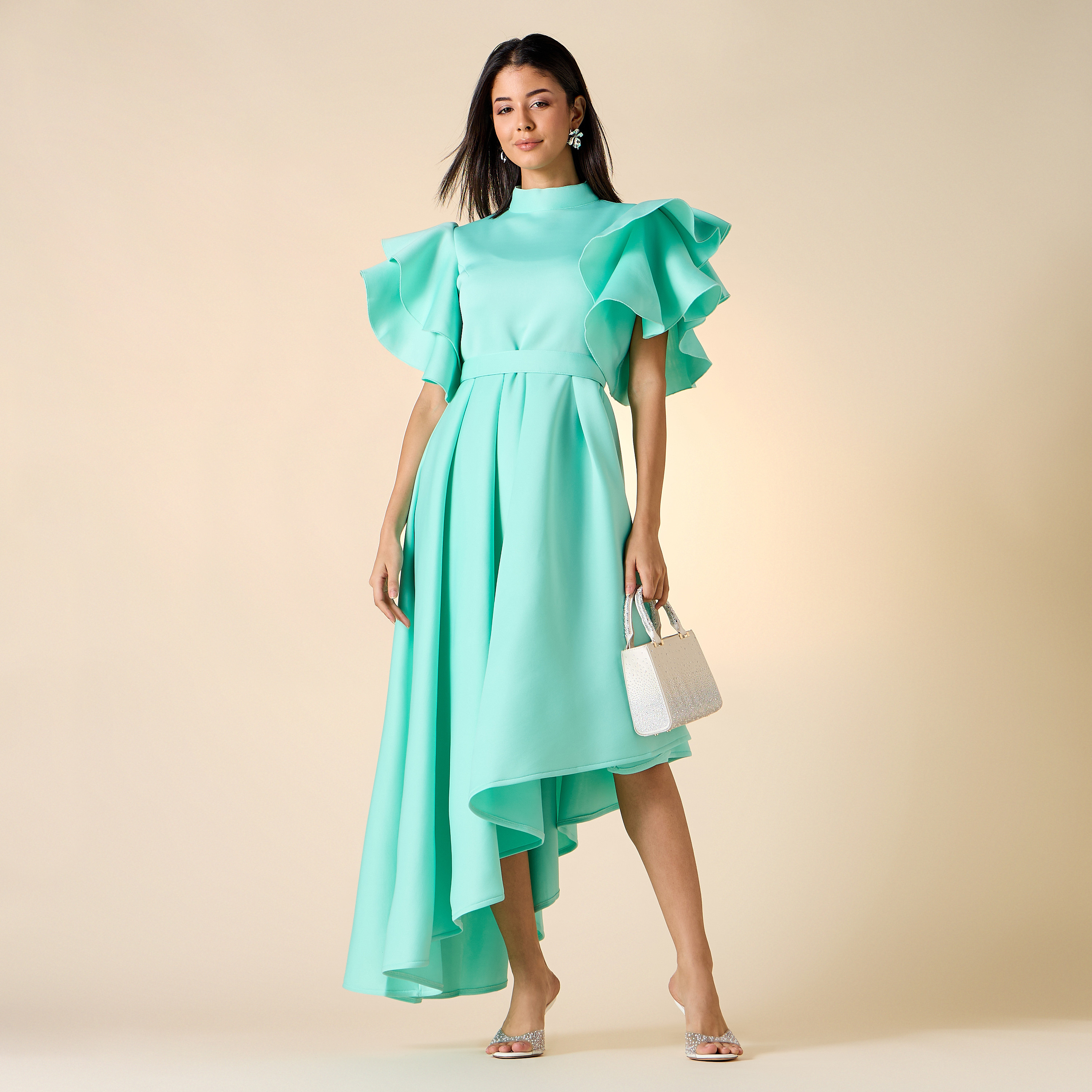 Golden Apple Solid High Neck Dress with Ruffles and Belt-women-clothing-dresses-image-1