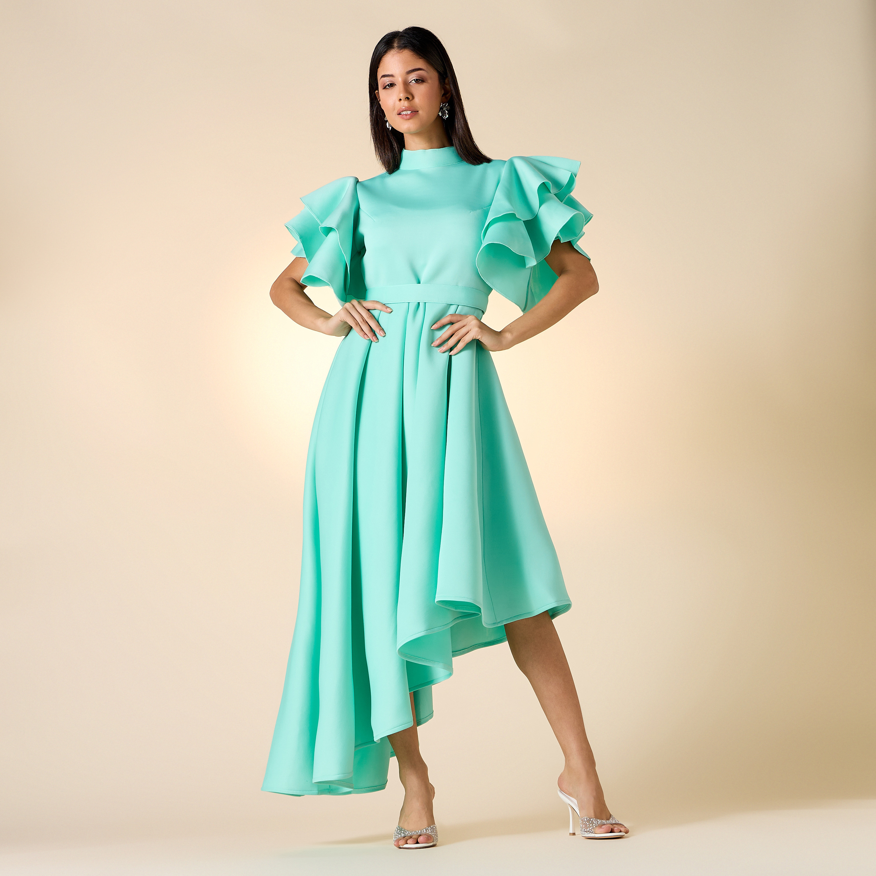 Golden Apple Solid High Neck Dress with Ruffles and Belt-women-clothing-dresses-image-2