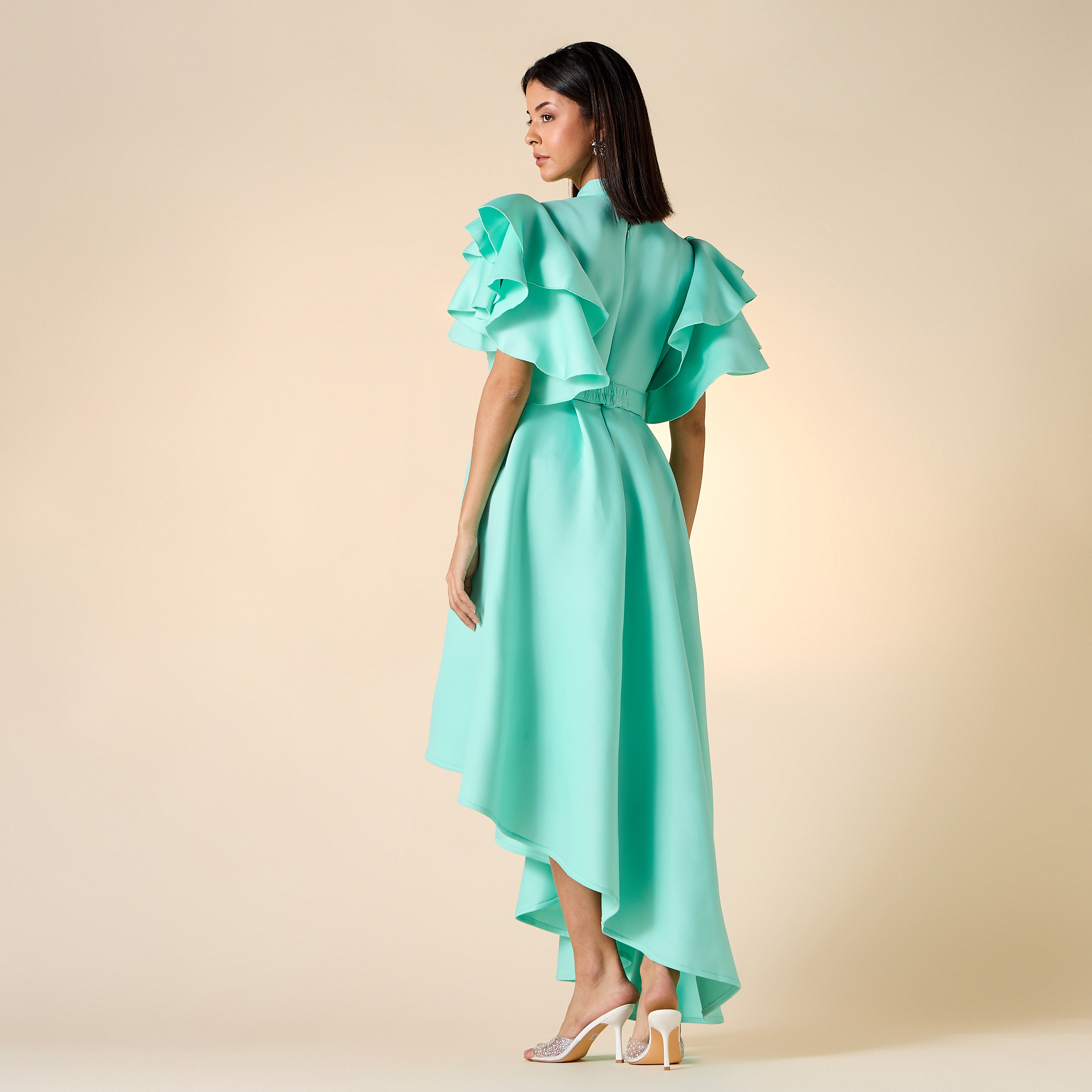 Golden Apple Solid High Neck Dress with Ruffles and Belt-women-clothing-dresses-image-3