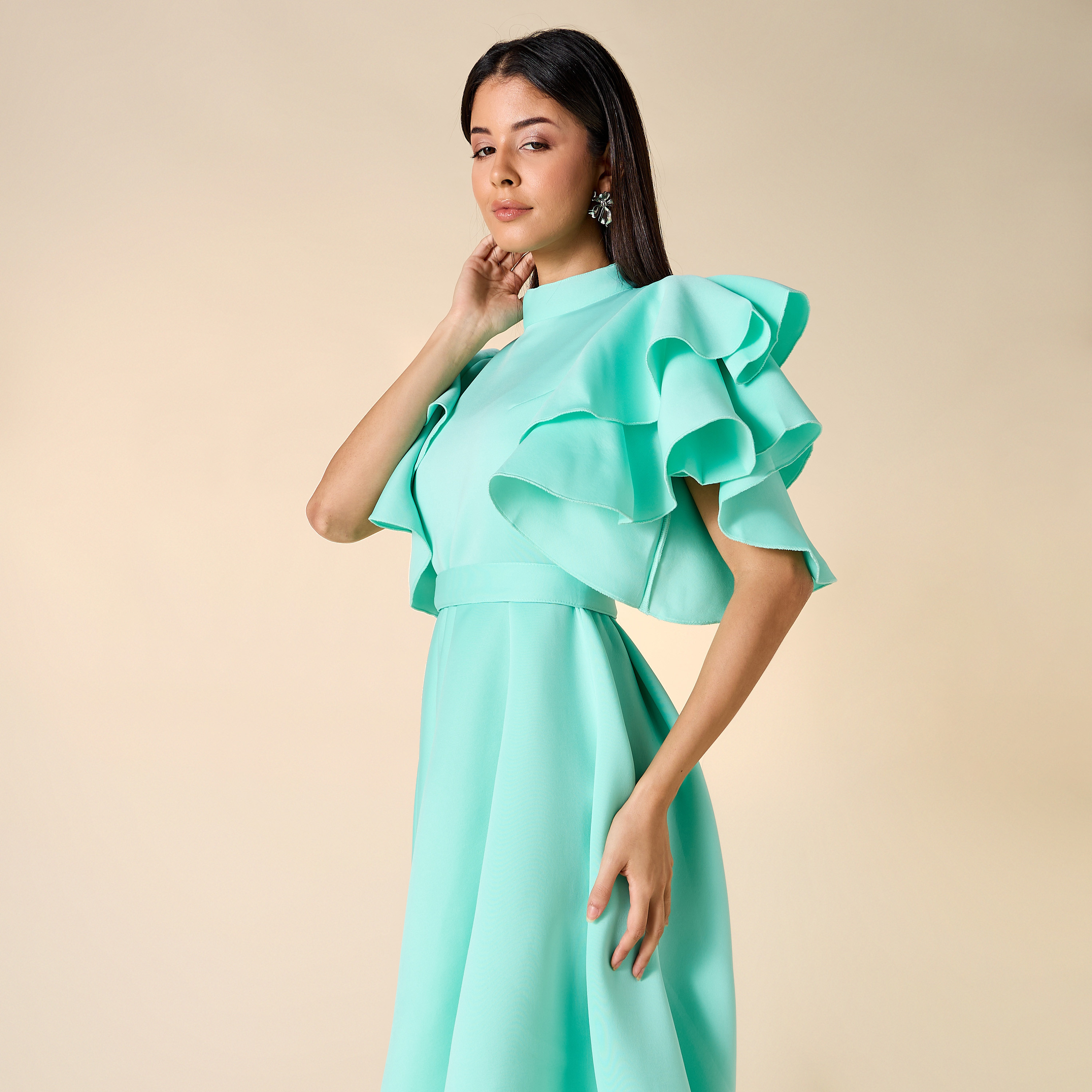 Golden Apple Solid High Neck Dress with Ruffles and Belt-women-clothing-dresses-image-4