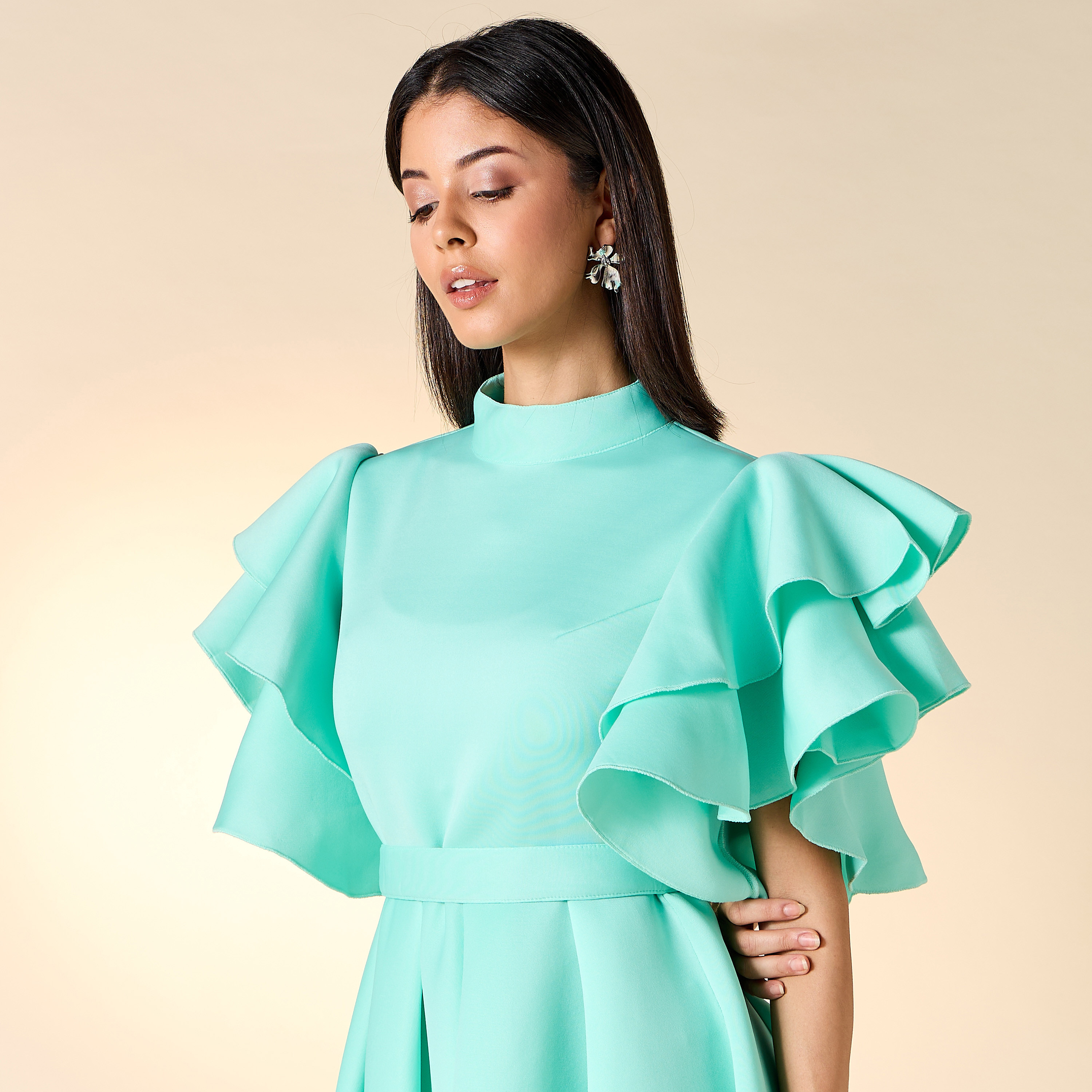 Golden Apple Solid High Neck Dress with Ruffles and Belt-women-clothing-dresses-image-5