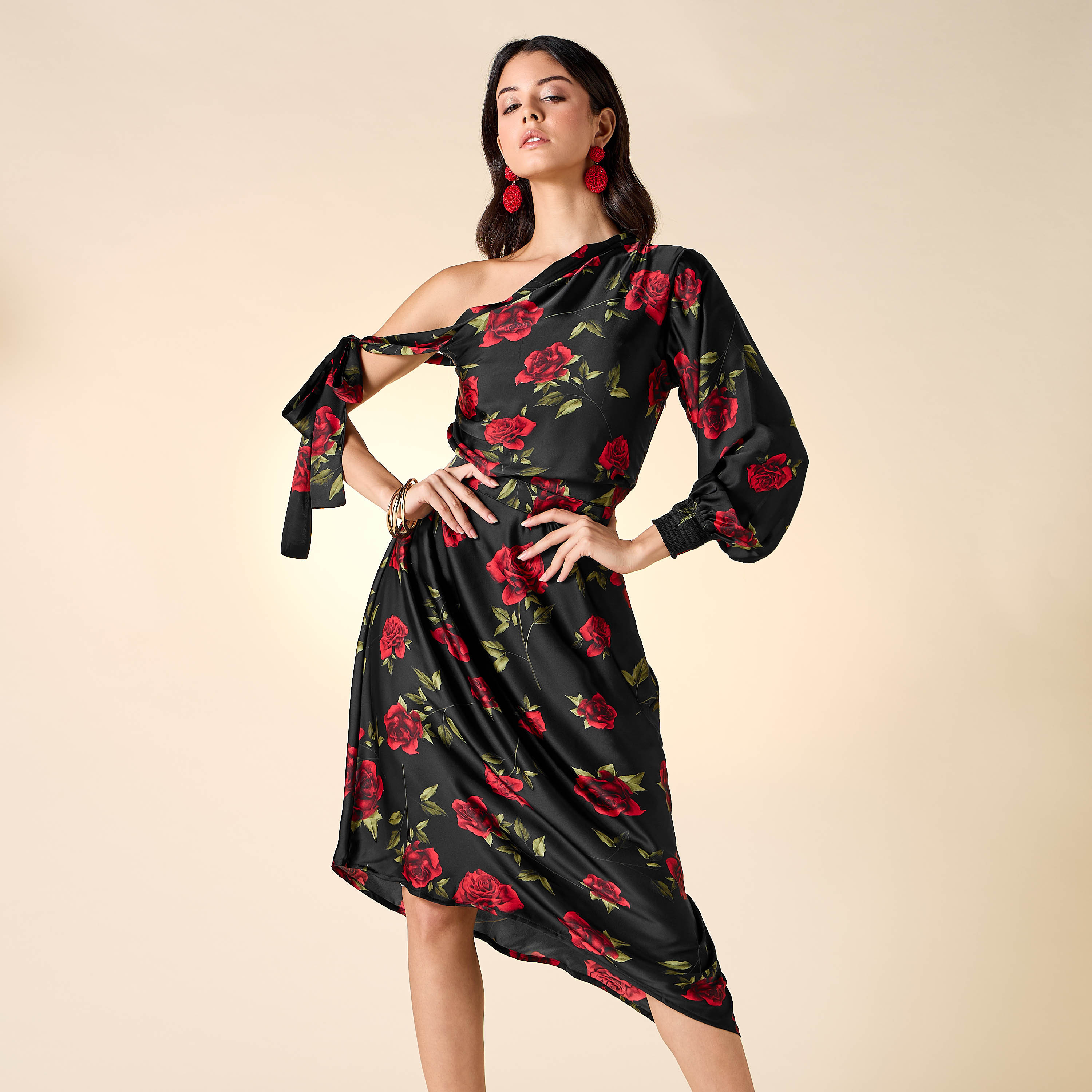Golden Apple All-Over Floral Print One Shoulder Dress with Tie-Ups-women-clothing-dresses-image-6