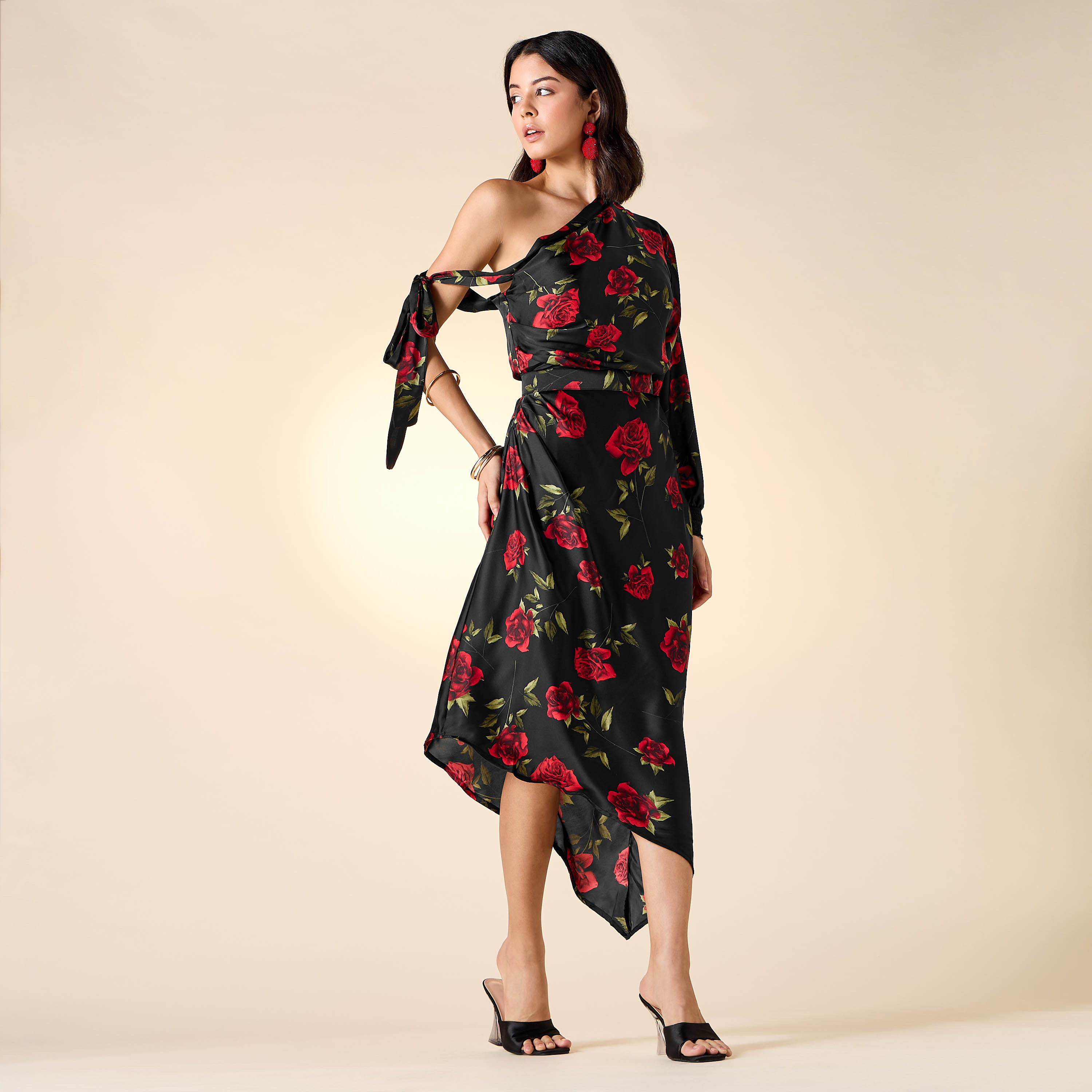 Golden Apple All-Over Floral Print One Shoulder Dress with Tie-Ups-women-clothing-dresses-image-7
