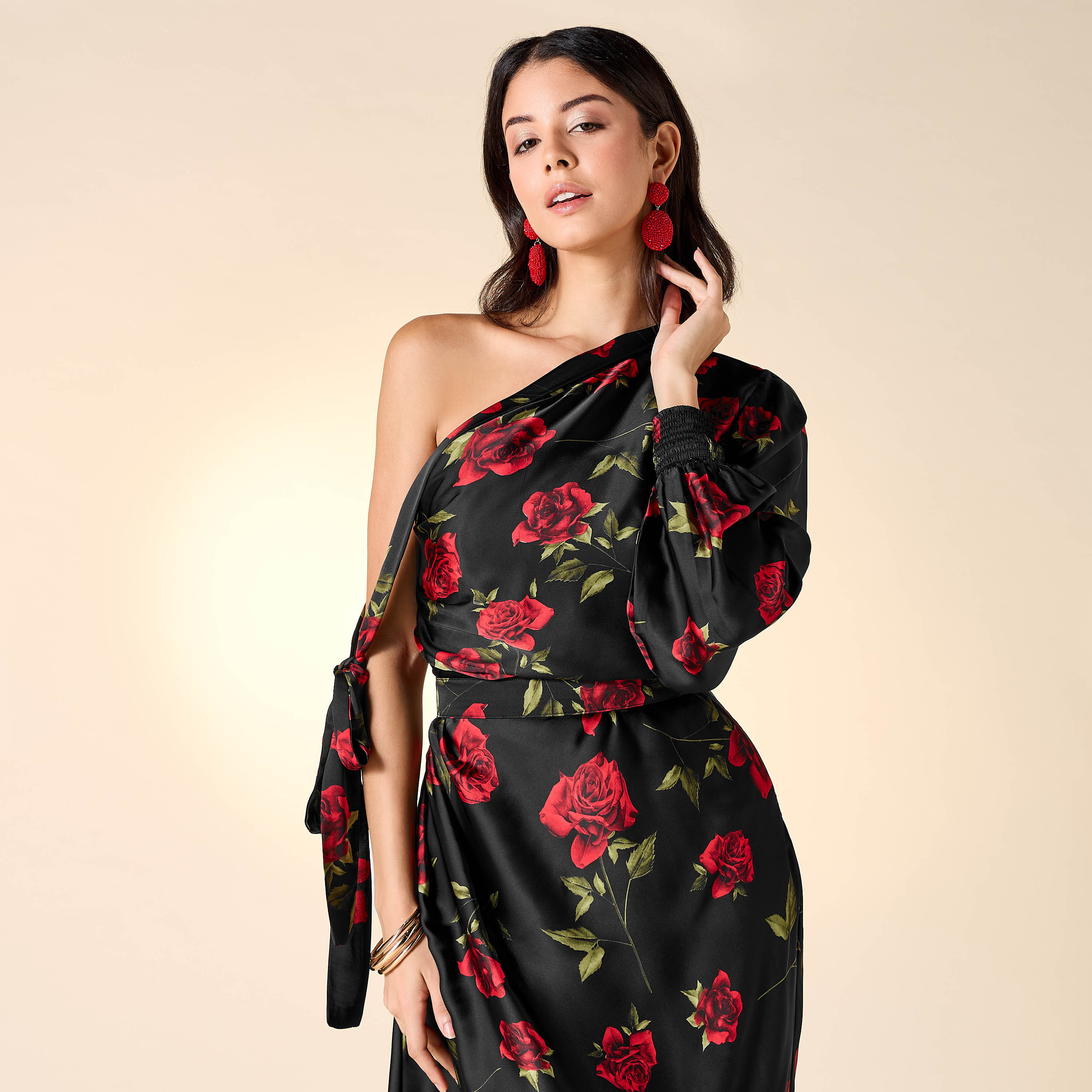 Golden Apple All-Over Floral Print One Shoulder Dress with Tie-Ups-women-clothing-dresses-image-4