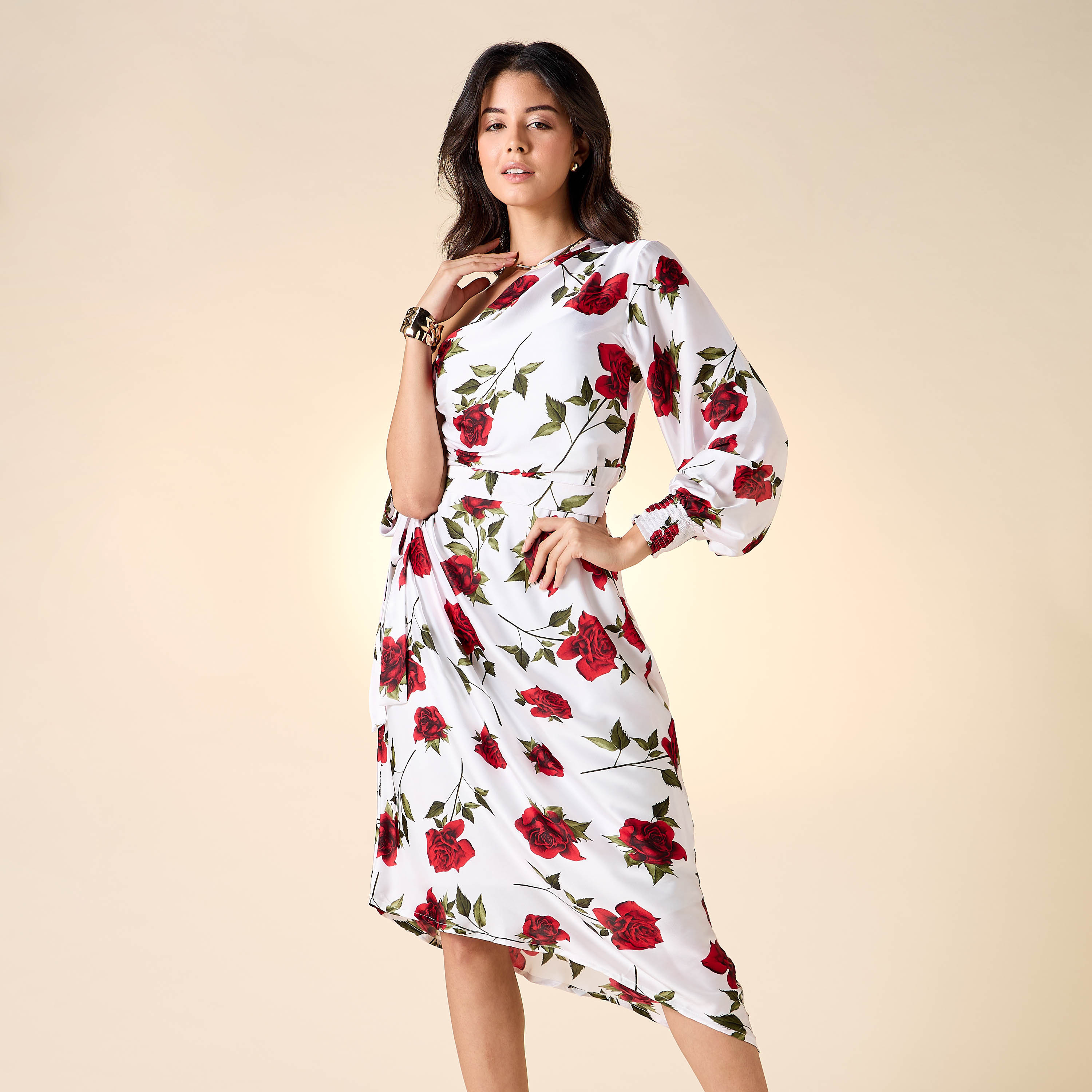 Golden Apple All-Over Floral Print One Shoulder Dress with Tie-Ups-women-clothing-dresses-image-1