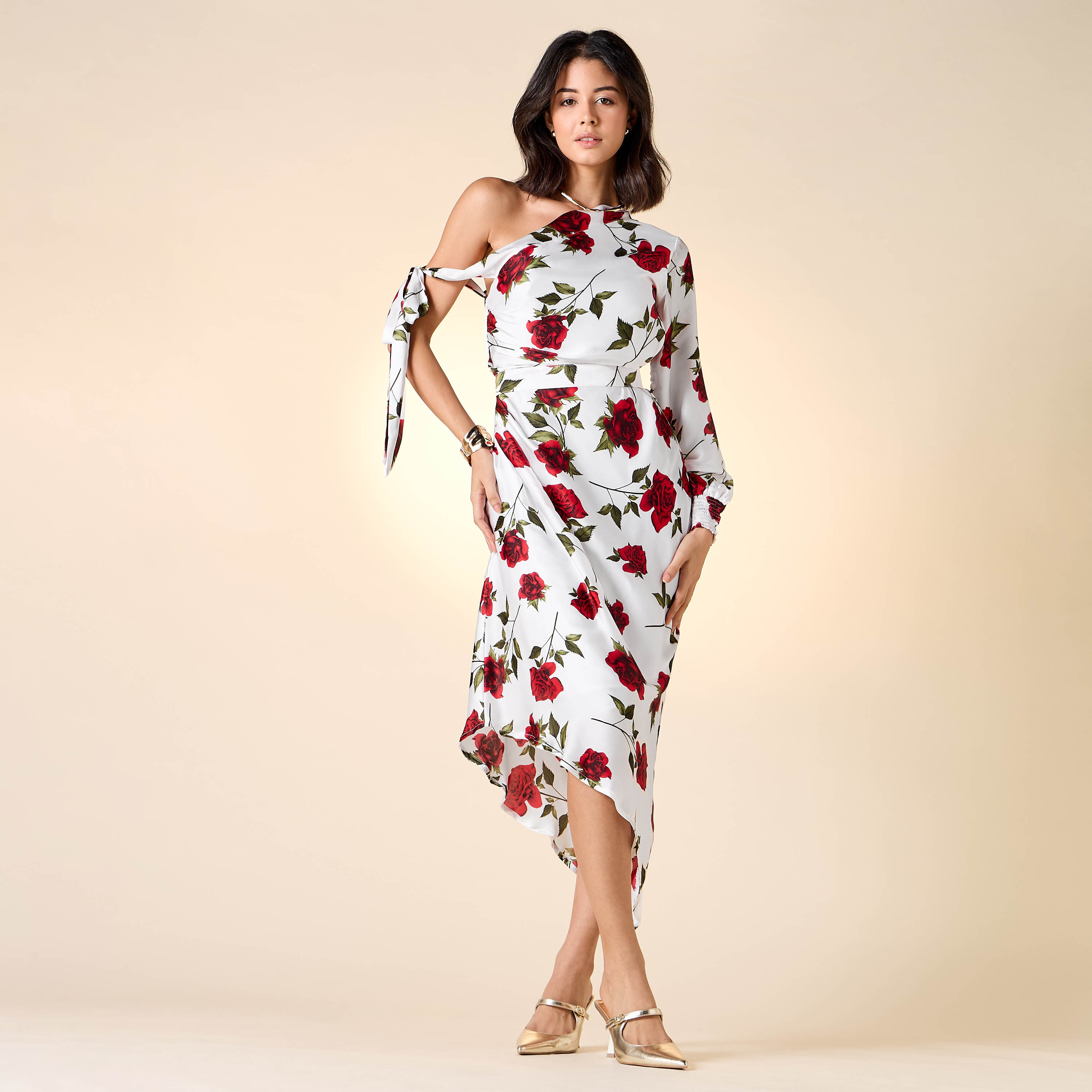 Golden Apple All-Over Floral Print One Shoulder Dress with Tie-Ups-women-clothing-dresses-image-2