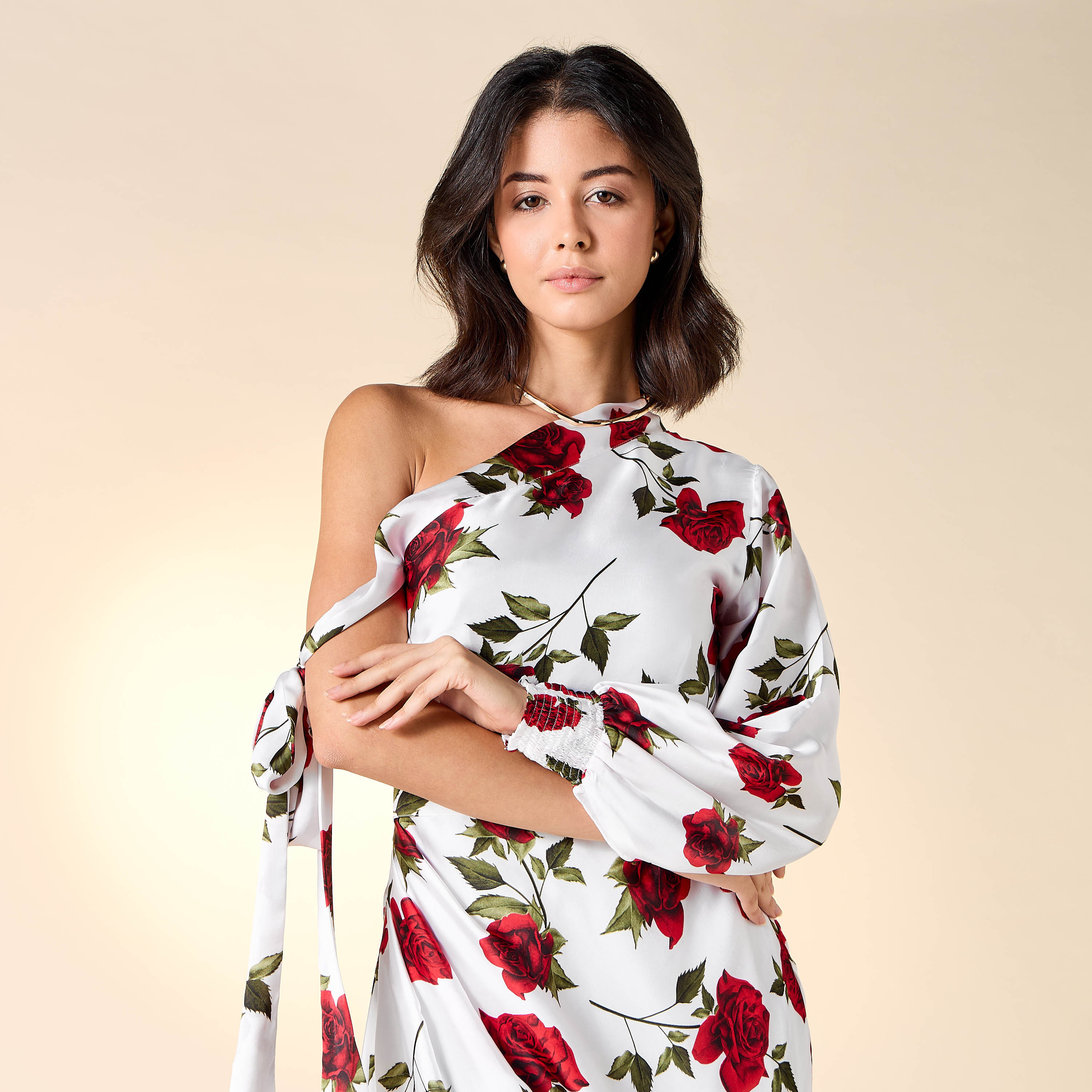 Golden Apple All-Over Floral Print One Shoulder Dress with Tie-Ups-women-clothing-dresses-image-3
