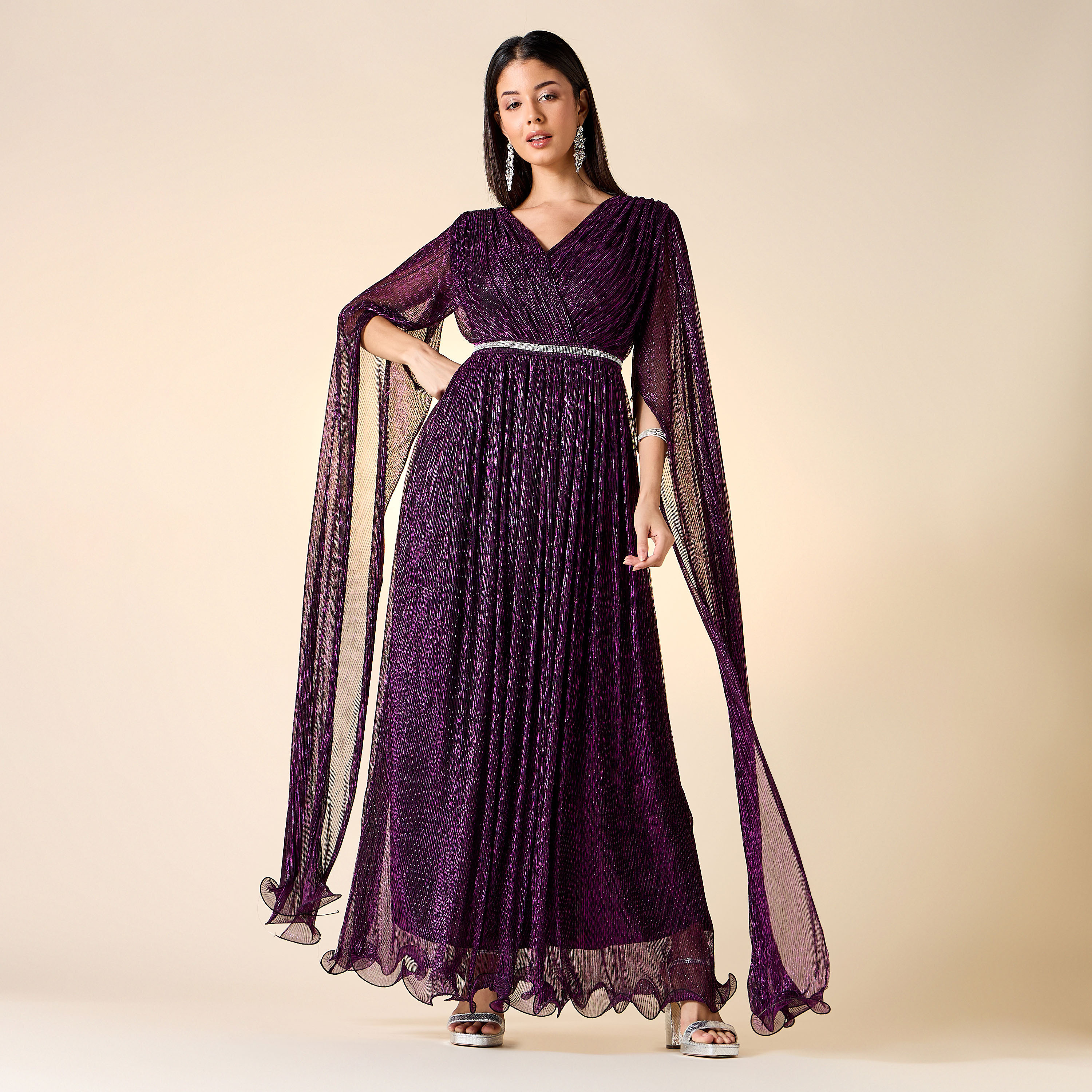 Golden Apple Embellished V-neck Dress with Cape Sleeves-women-clothing-dresses-image-1