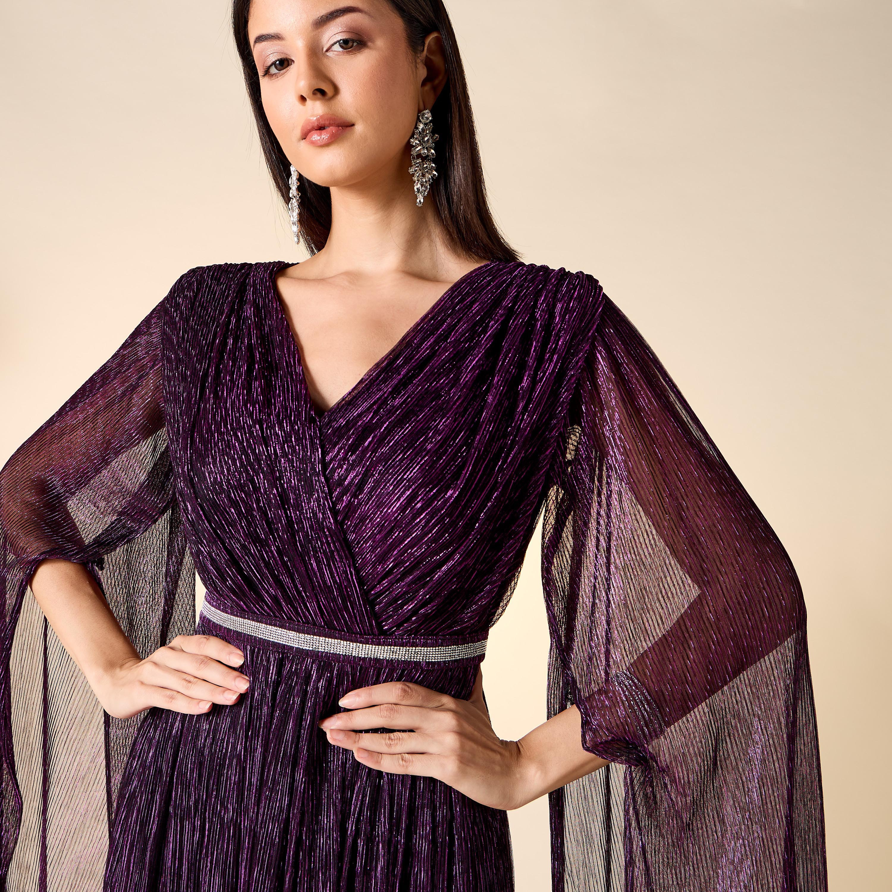 Golden Apple Embellished V-neck Dress with Cape Sleeves-women-clothing-dresses-image-5