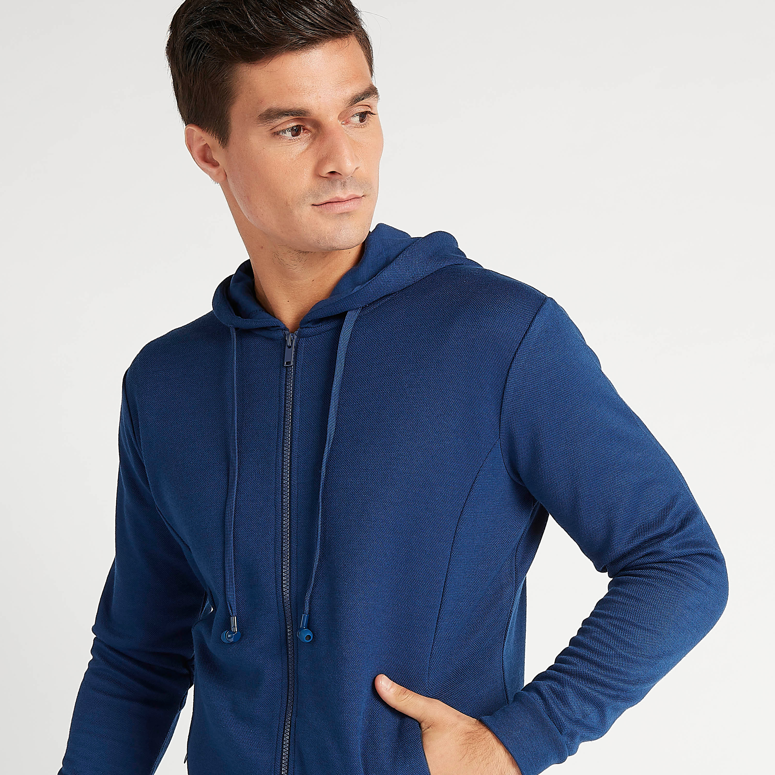 Solid Zip Through Hooded Jacket with Attached Earphones