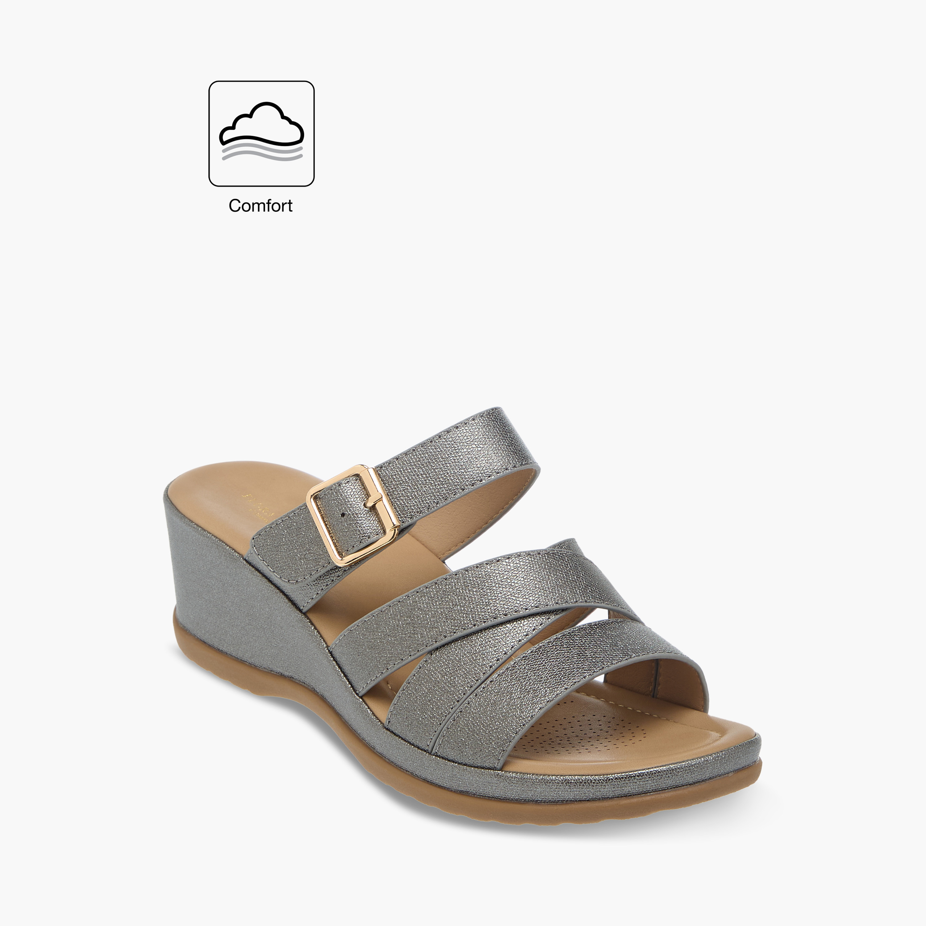 Flora Bella Textured Slip-On Wedge Heel Comfort Sandals with Buckle Detail-women-shoes-sandals-heeled-image-2