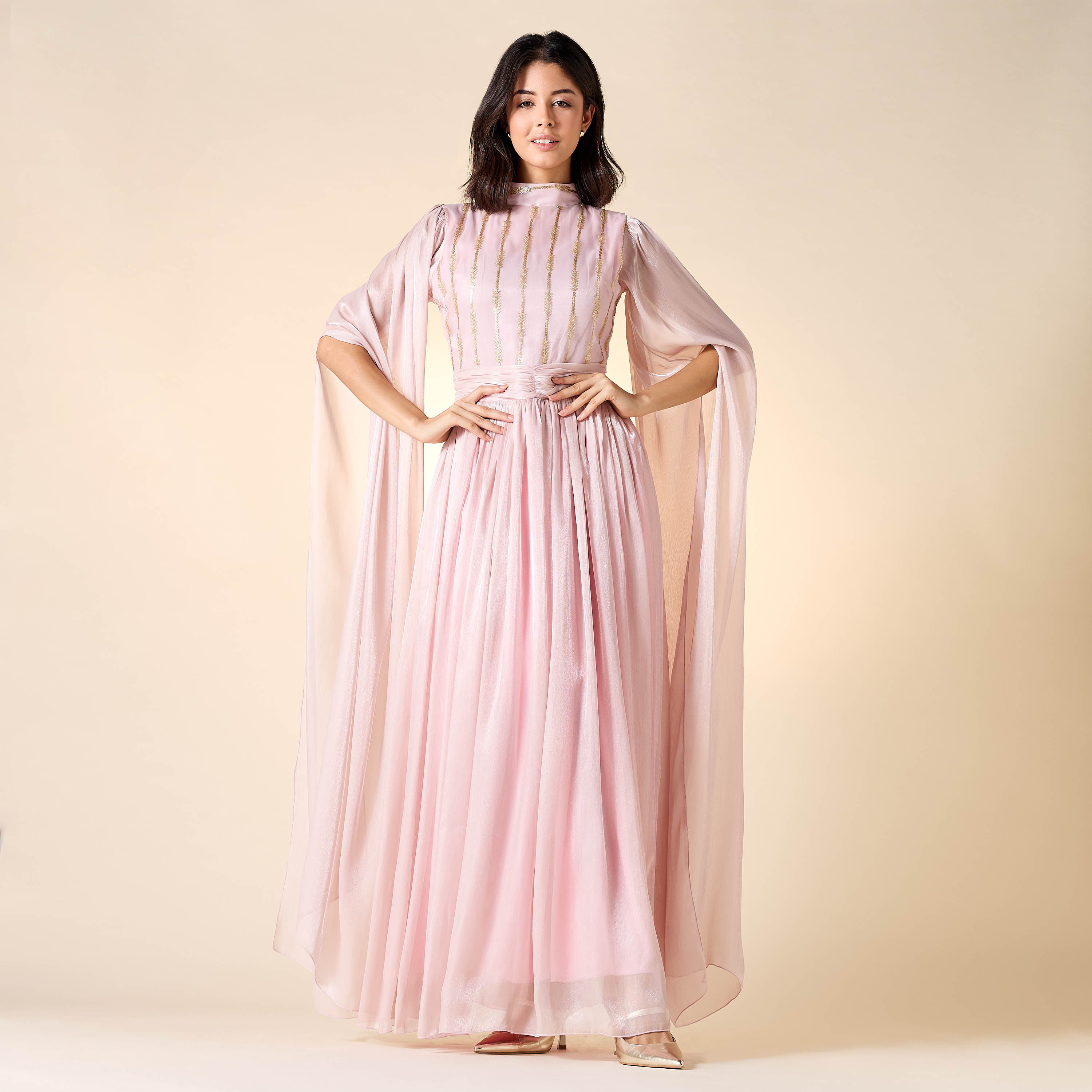 Golden Apple Embellished High Neck Dress with Cape Sleeves-women-clothing-dresses-image-1
