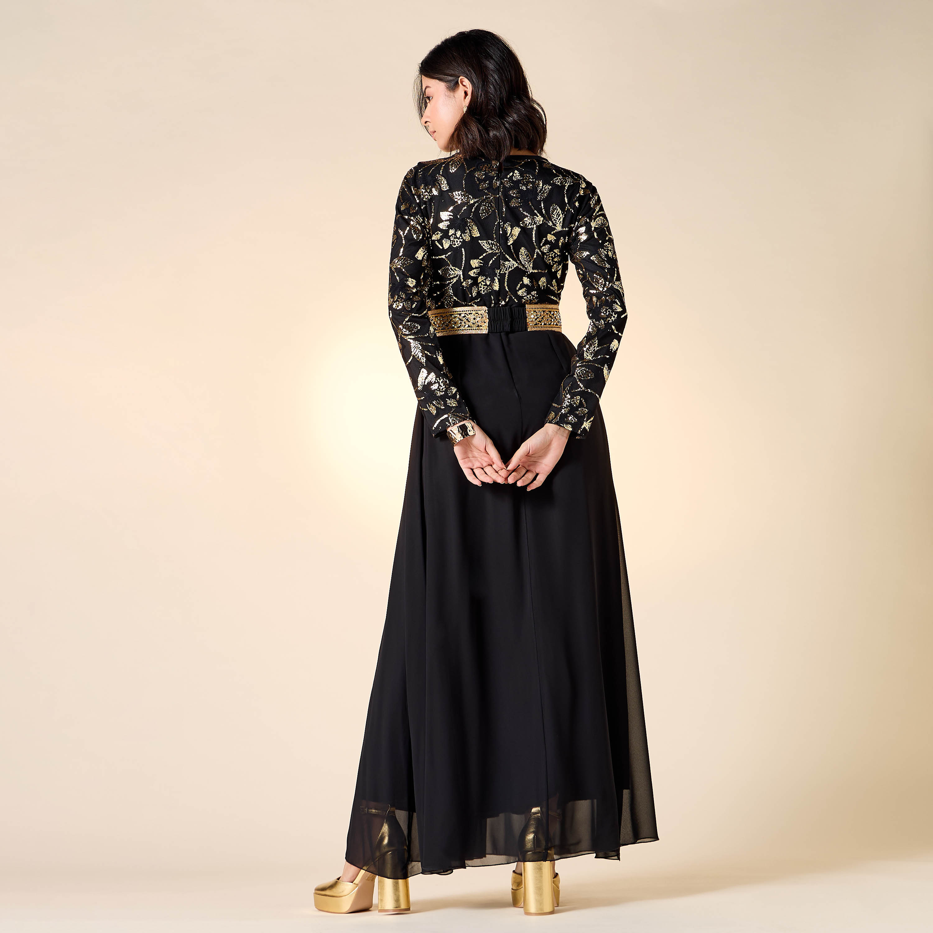 Golden Apple Embellished Dress with Long Sleeves-women-clothing-dresses-image-3