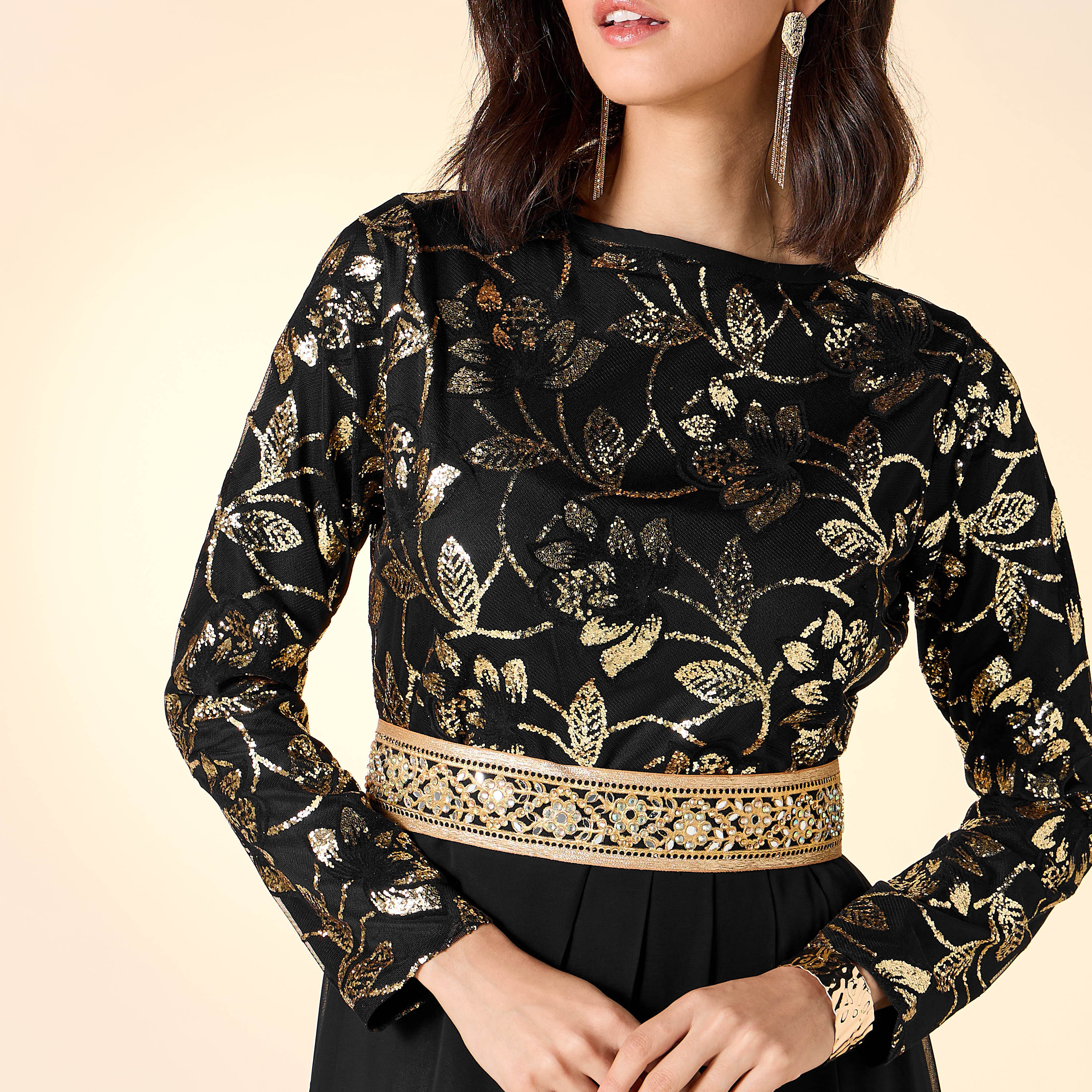 Golden Apple Embellished Dress with Long Sleeves-women-clothing-dresses-image-4