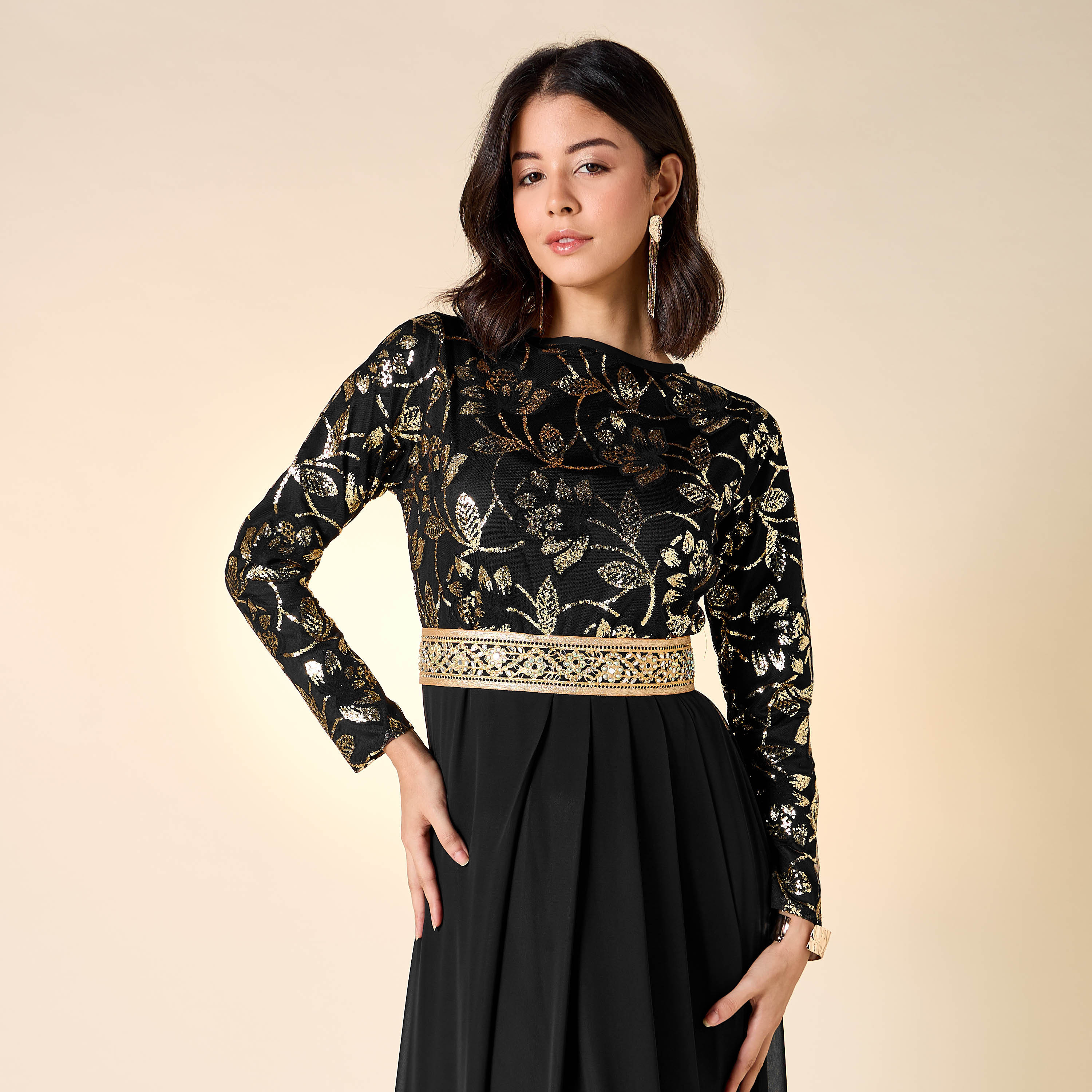 Golden Apple Embellished Dress with Long Sleeves-women-clothing-dresses-image-5