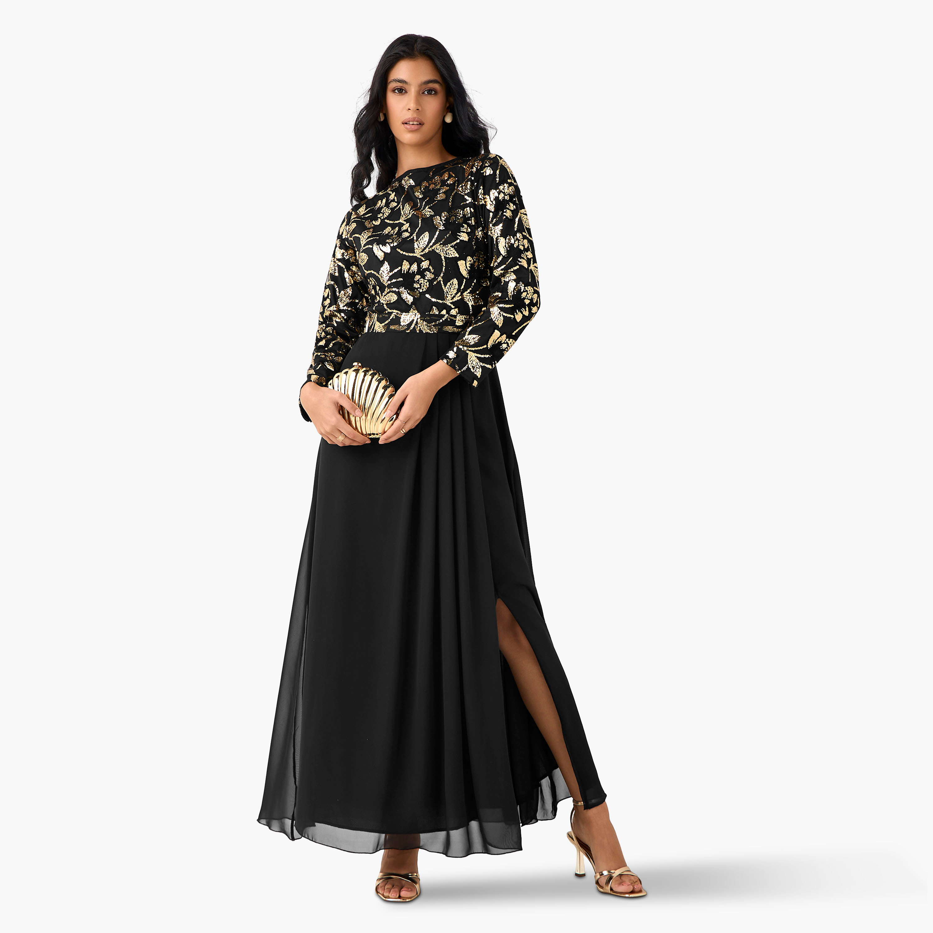 فستان ماكسي مزيّن بكسرات بوليستر بفتحة جانبية من جولدن أبل-women-clothing-dresses-image-1