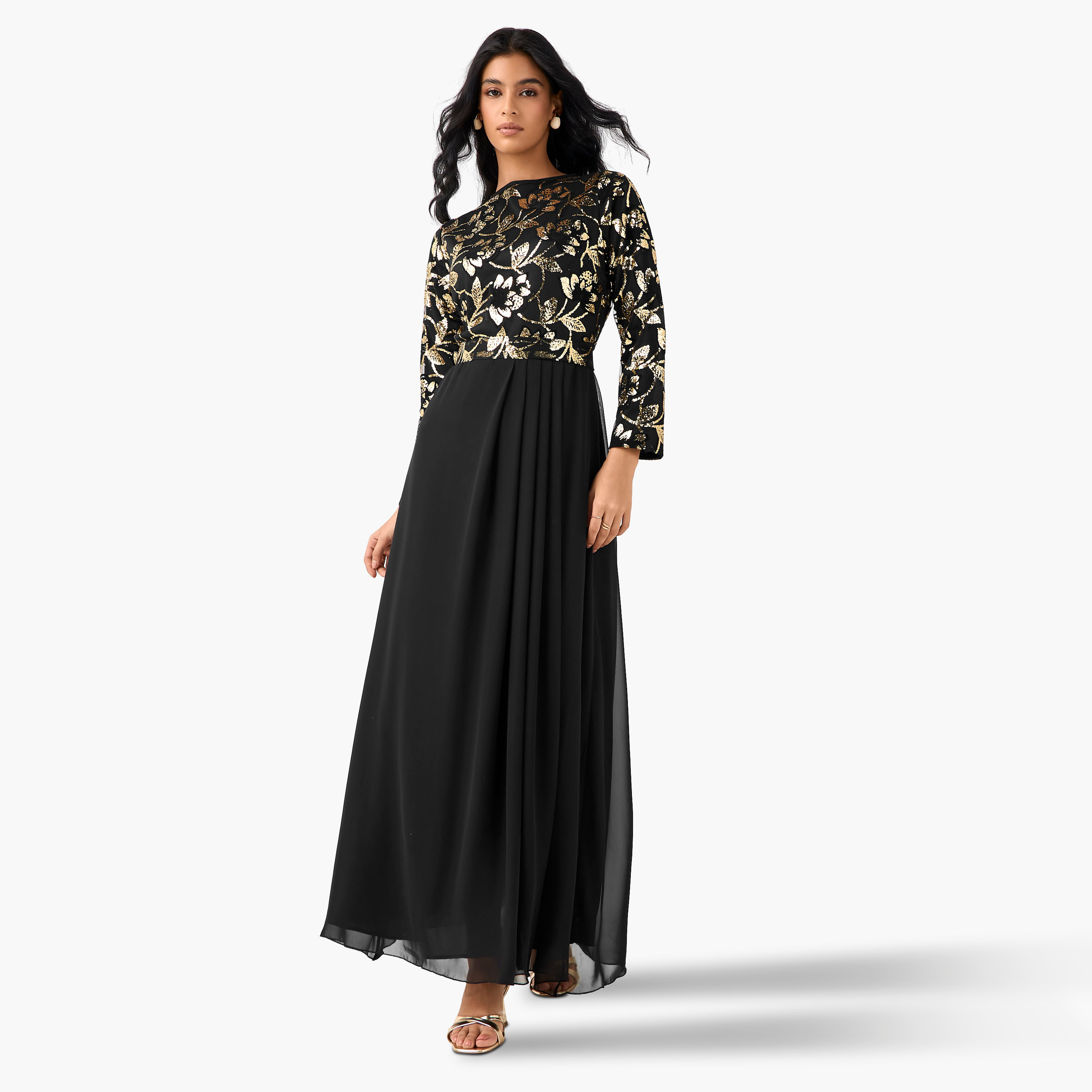 فستان ماكسي مزيّن بكسرات بوليستر بفتحة جانبية من جولدن أبل-women-clothing-dresses-image-2