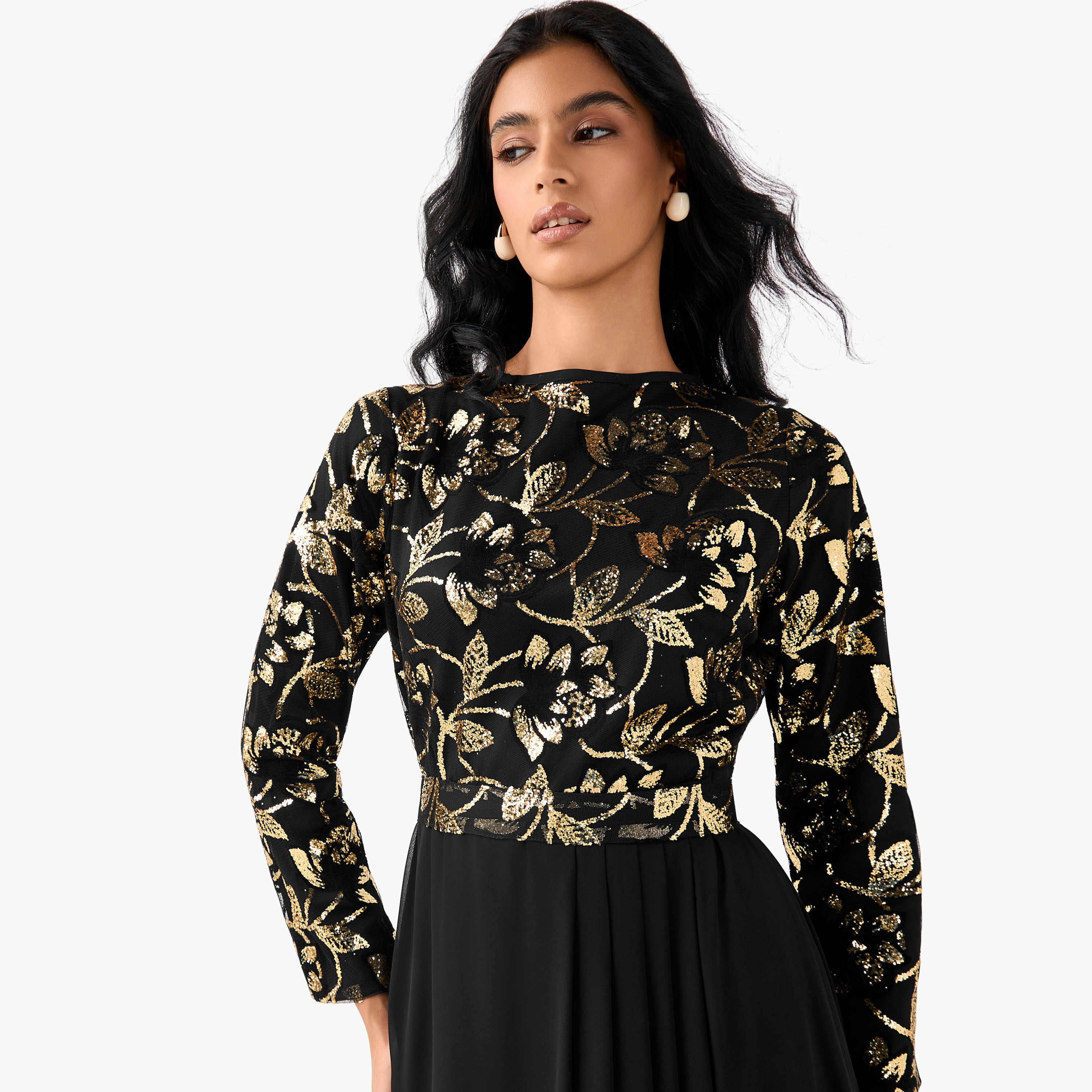 Golden Apple Embellished Pleated Maxi Polyester Dress with Slit-women-clothing-dresses-image-4