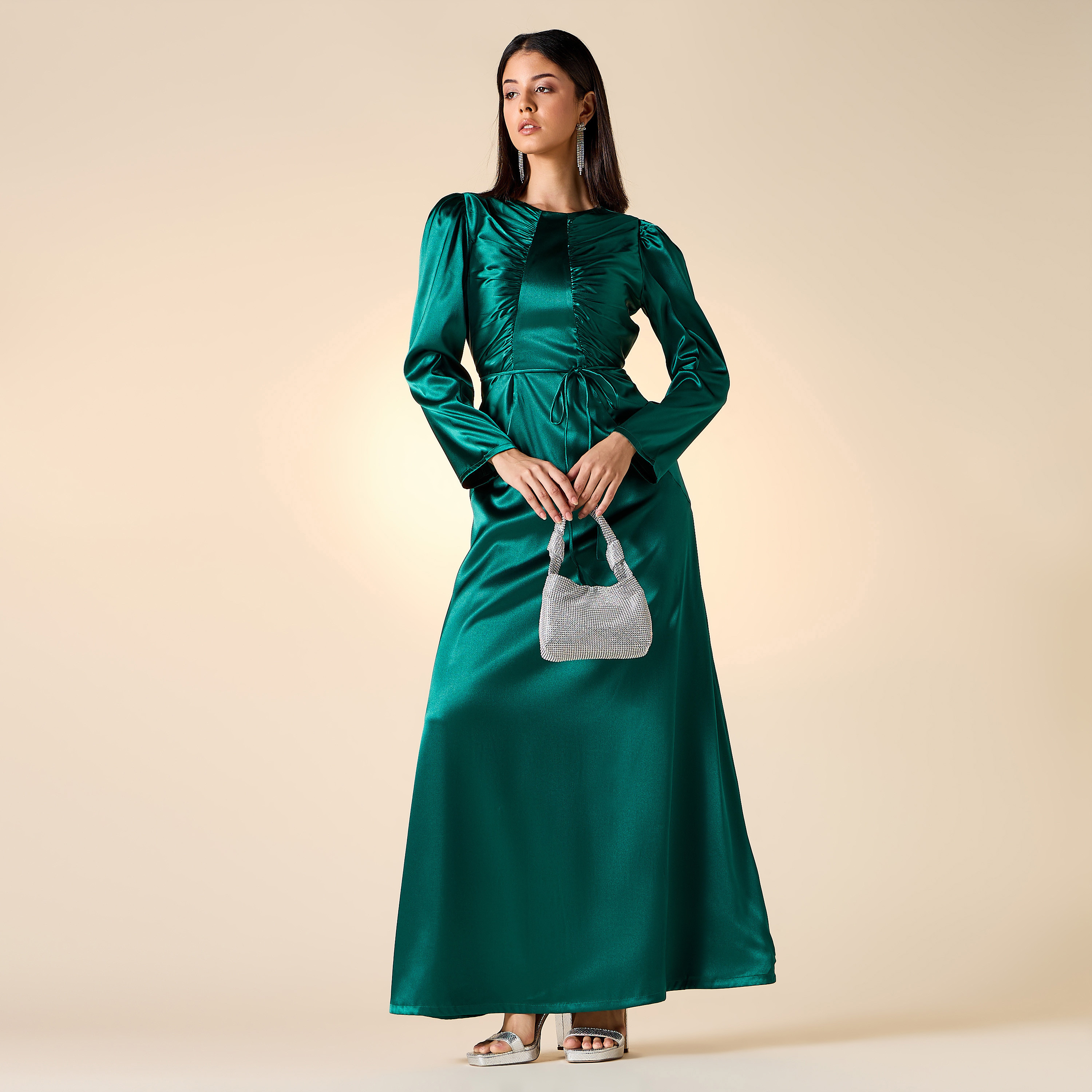 Golden Apple Pleat Detail Dress with Tie-Up Belt and Long Sleeves-women-clothing-dresses-image-2