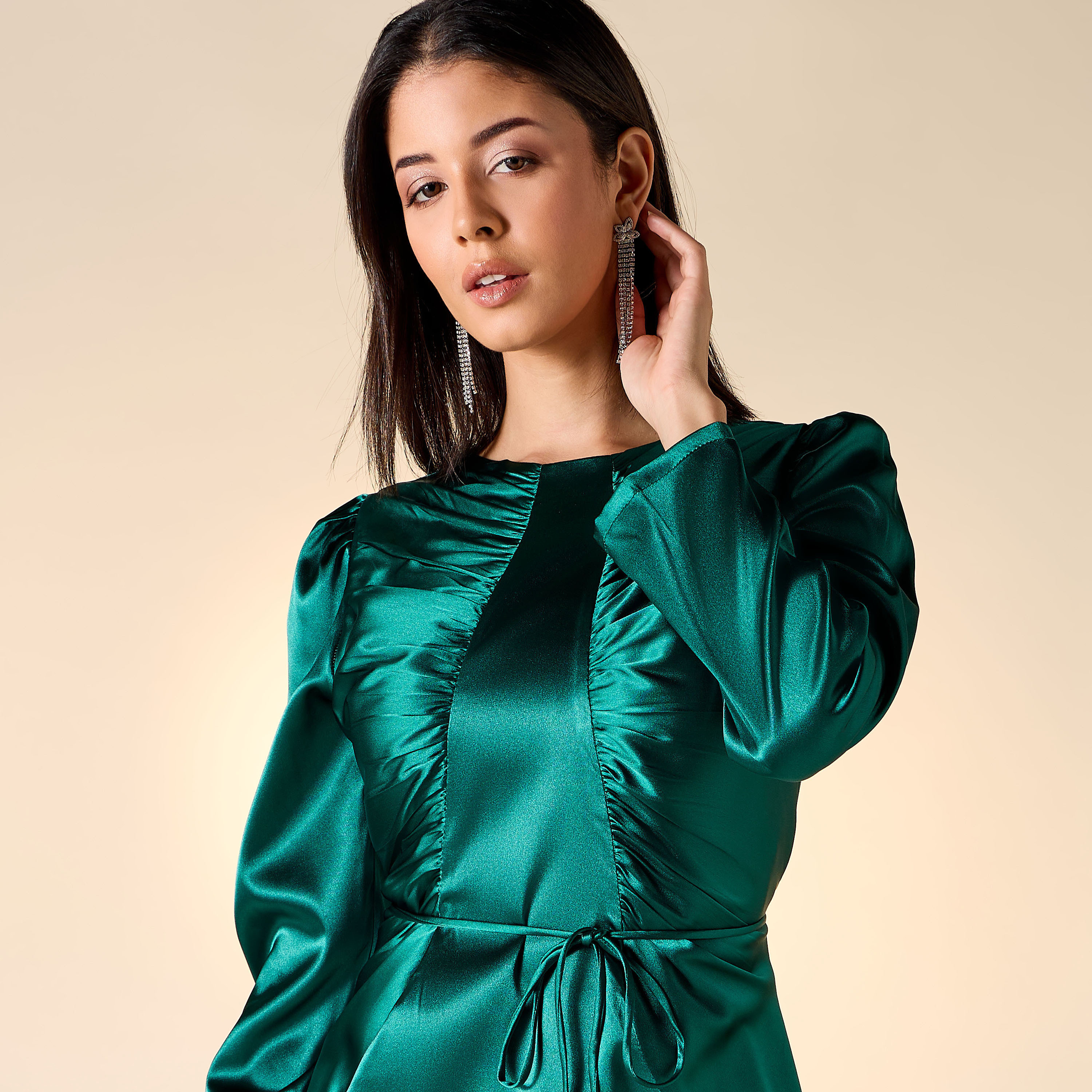 Golden Apple Pleat Detail Dress with Tie-Up Belt and Long Sleeves-women-clothing-dresses-image-5
