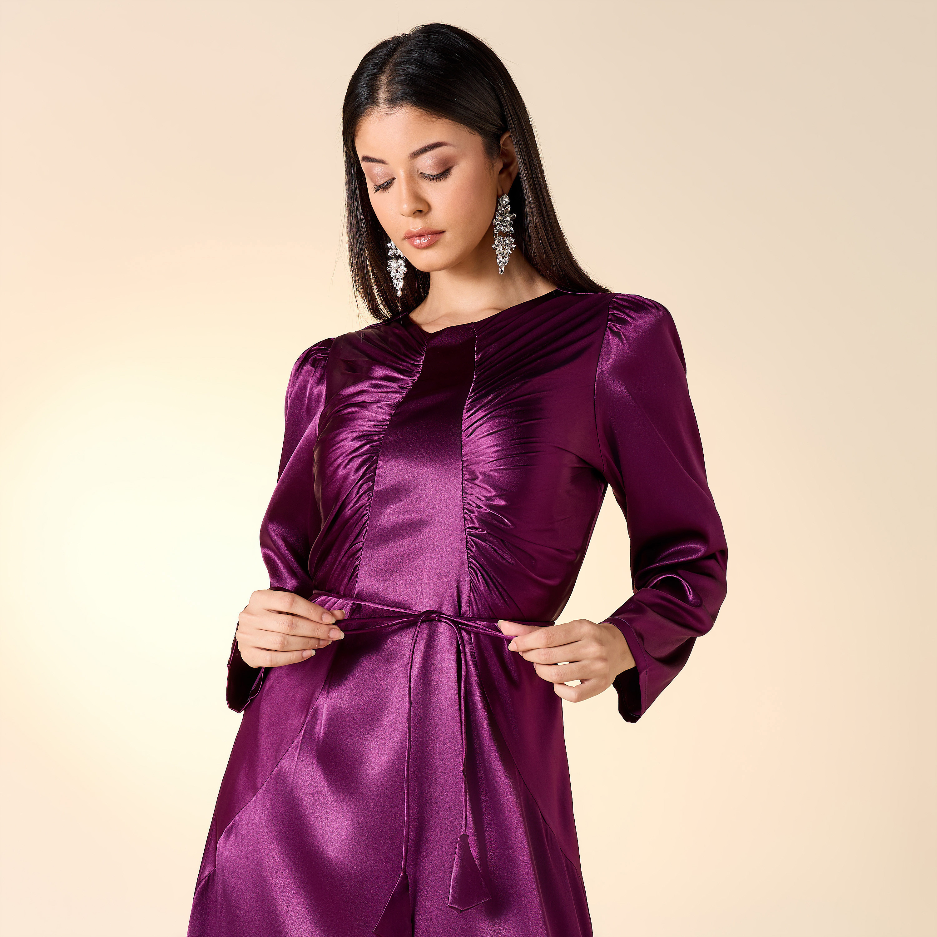 Golden Apple Pleat Detail Dress with Tie-Up Belt and Long Sleeves-women-clothing-dresses-image-4