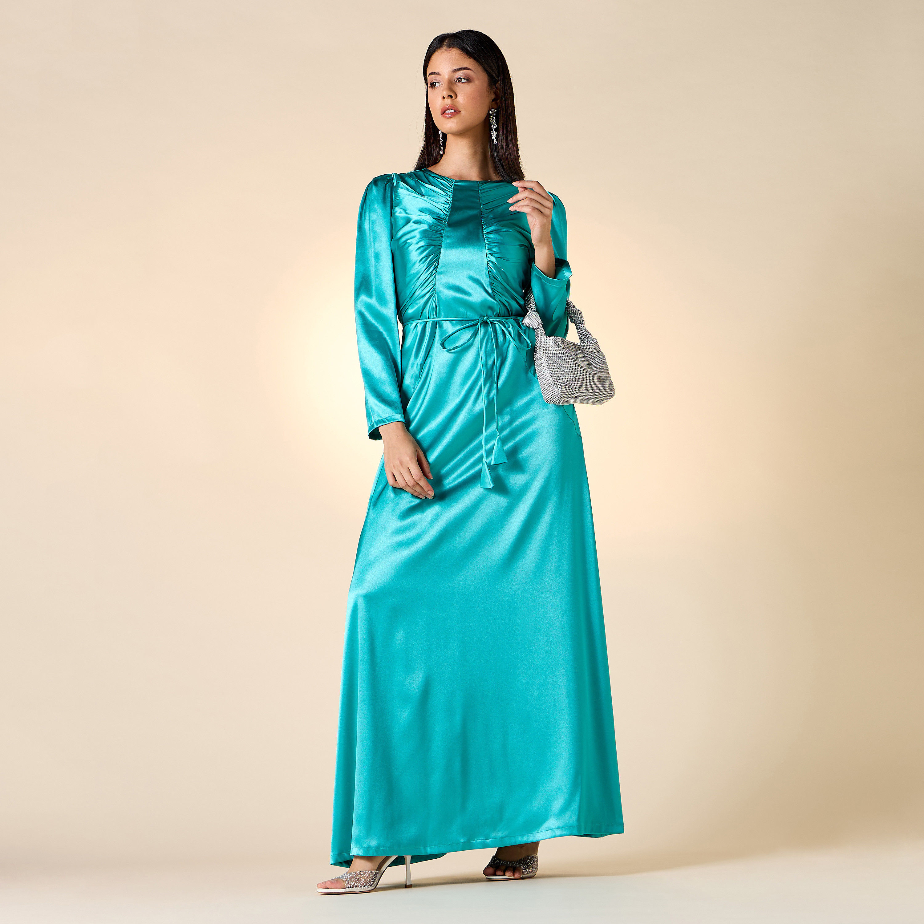 فستان بتفاصيل كشكش وحزام رباط وأكمام طويلة من جولدن أبل-women-clothing-dresses-image-1