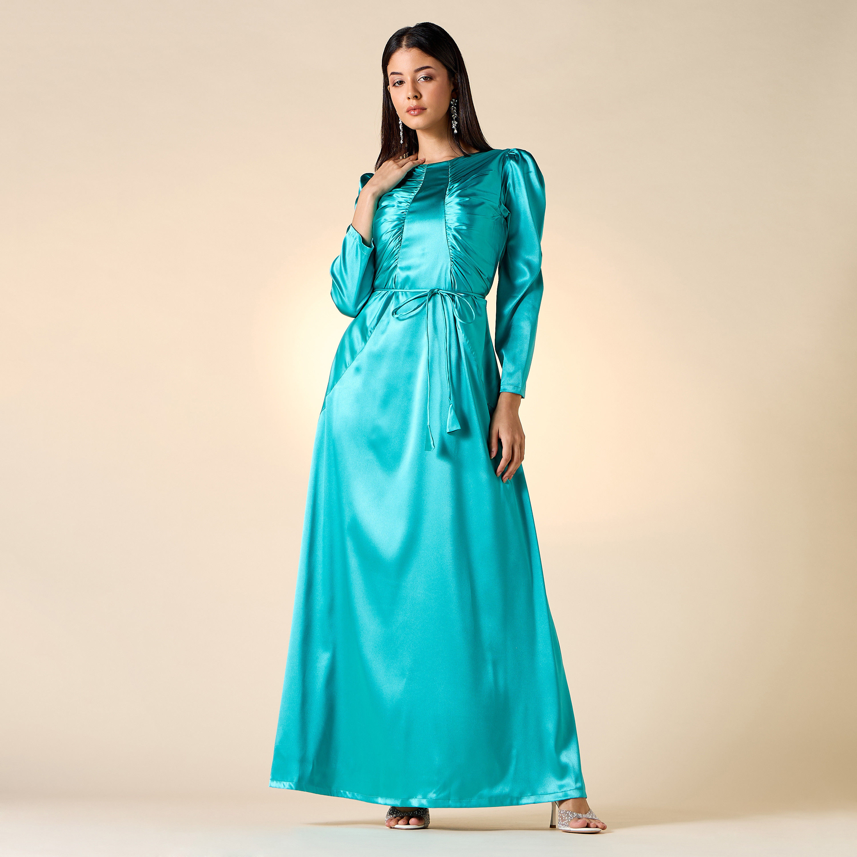 فستان بتفاصيل كشكش وحزام رباط وأكمام طويلة من جولدن أبل-women-clothing-dresses-image-2