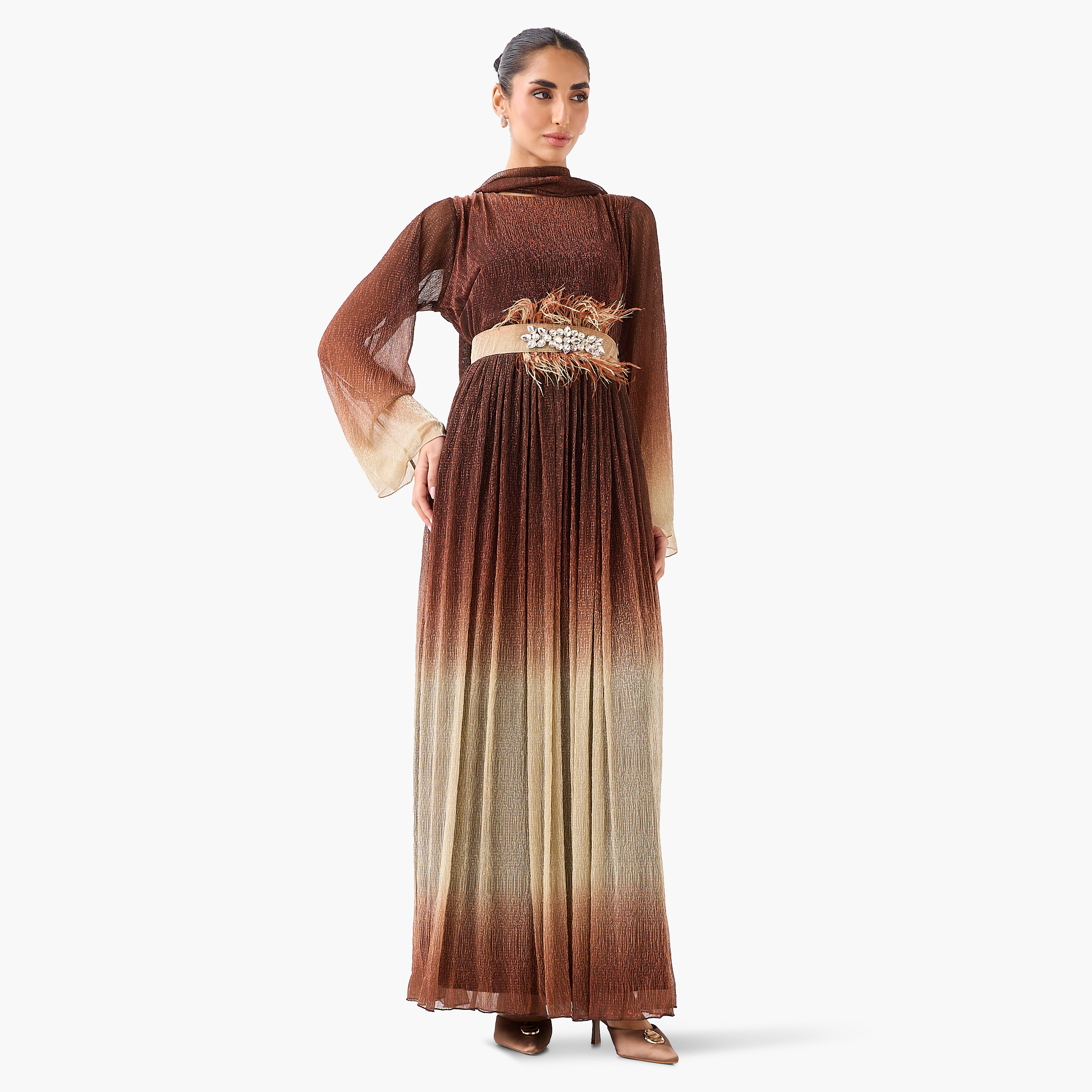 Golden Apple Multicolour Feather Detailed Flared Sleeves Women's Evening Maxi Dress-women-clothing-dresses-image-1