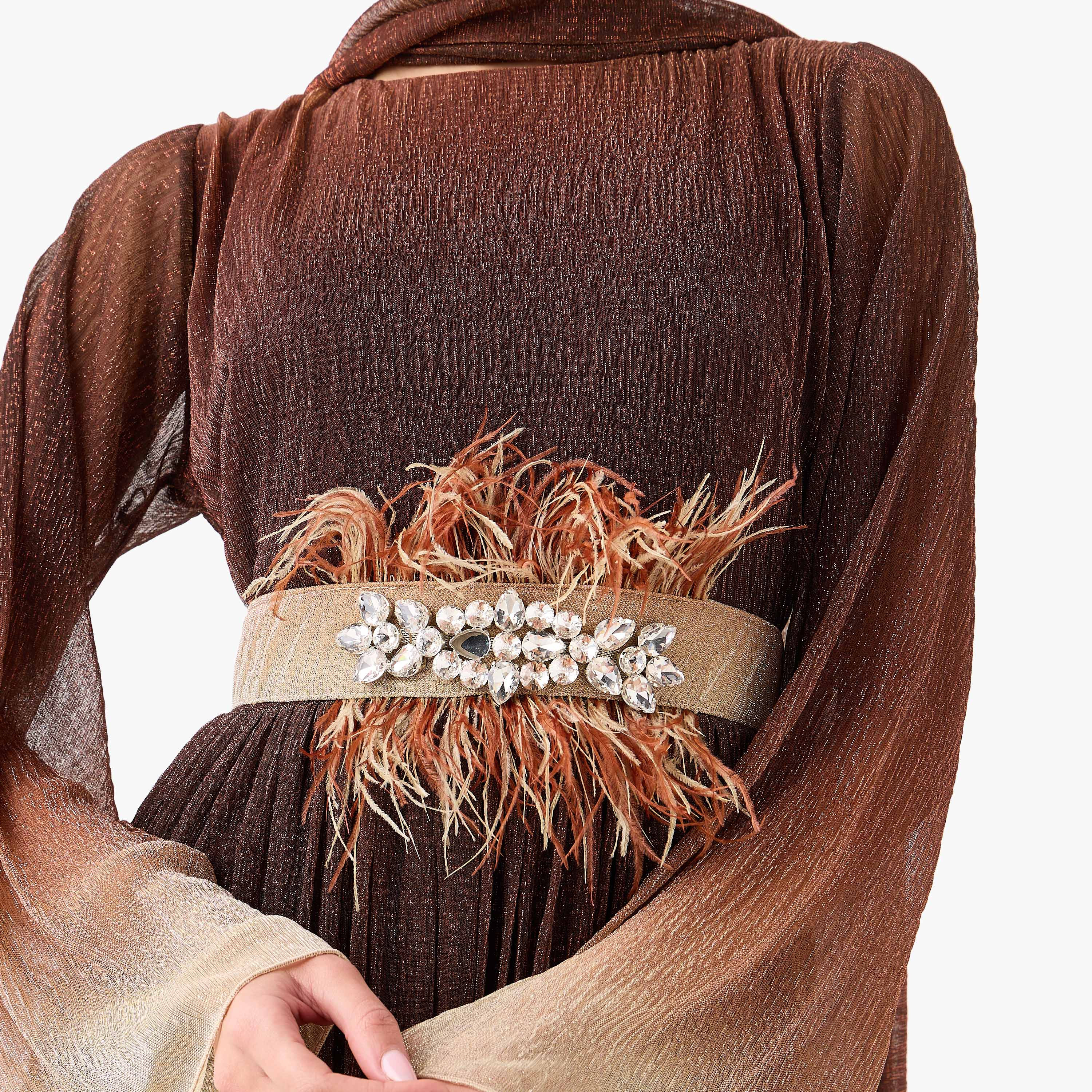 Golden Apple Multicolour Feather Detailed Flared Sleeves Women's Evening Maxi Dress-women-clothing-dresses-image-2