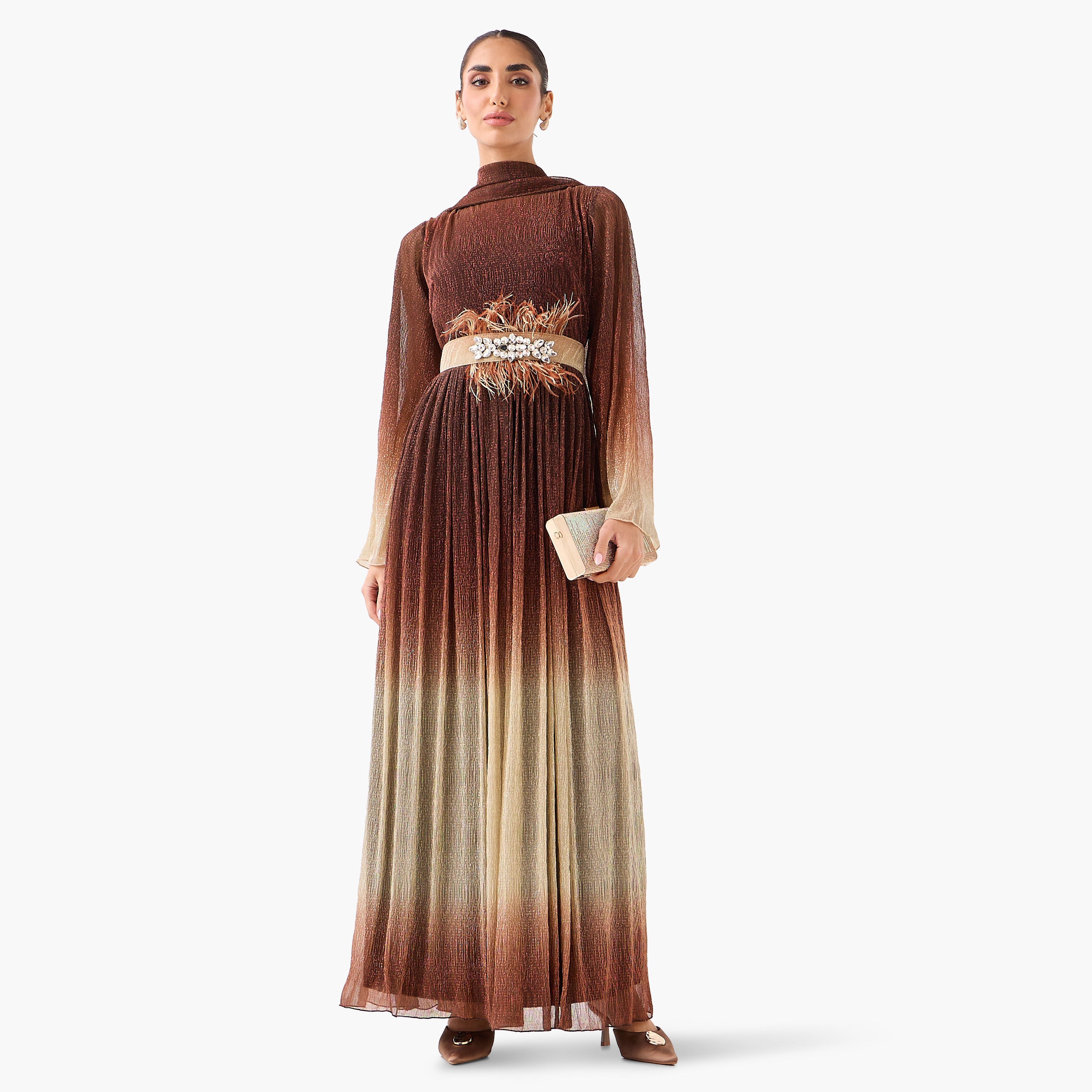 Golden Apple Multicolour Feather Detailed Flared Sleeves Women's Evening Maxi Dress-women-clothing-dresses-image-3