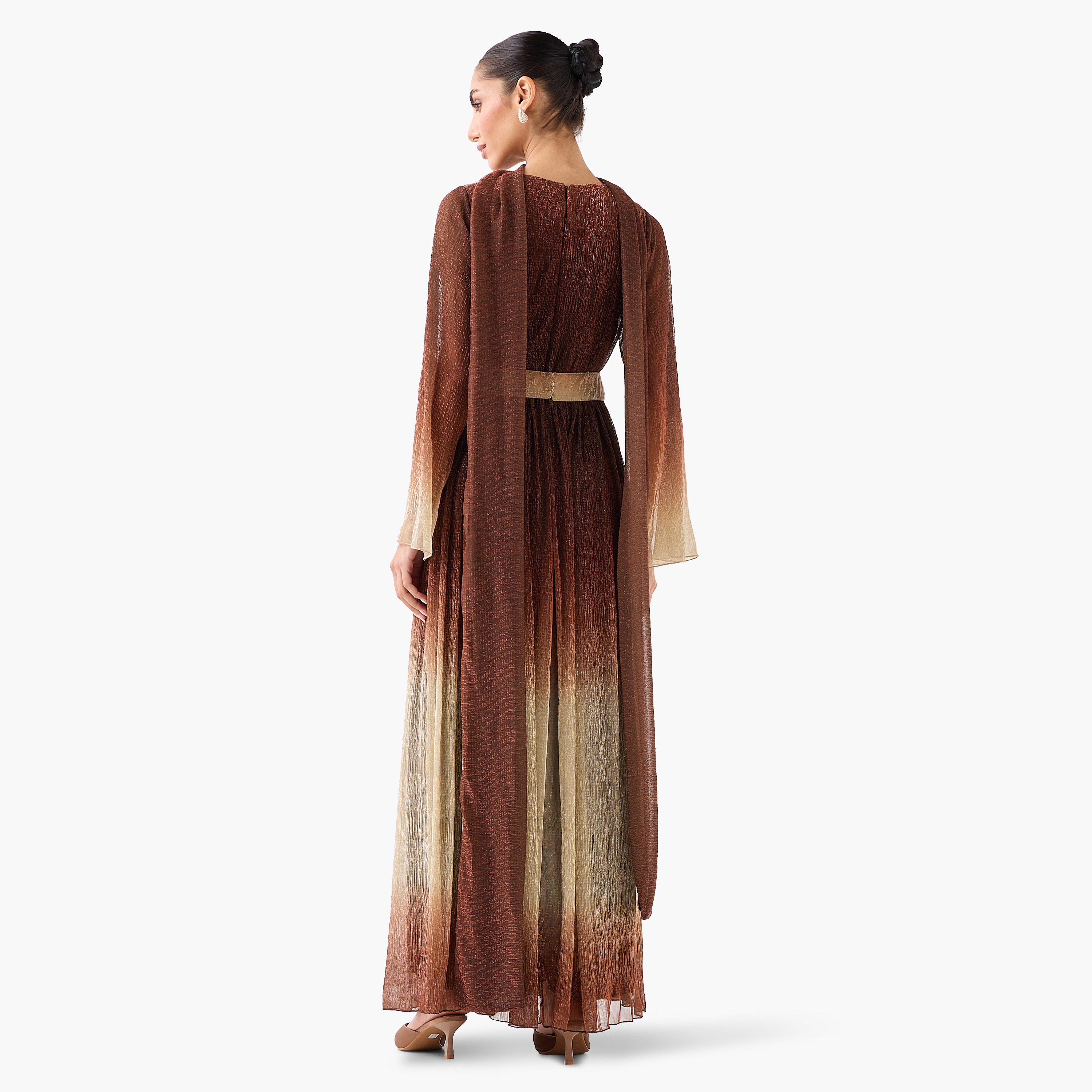Golden Apple Multicolour Feather Detailed Flared Sleeves Women's Evening Maxi Dress-women-clothing-dresses-image-4
