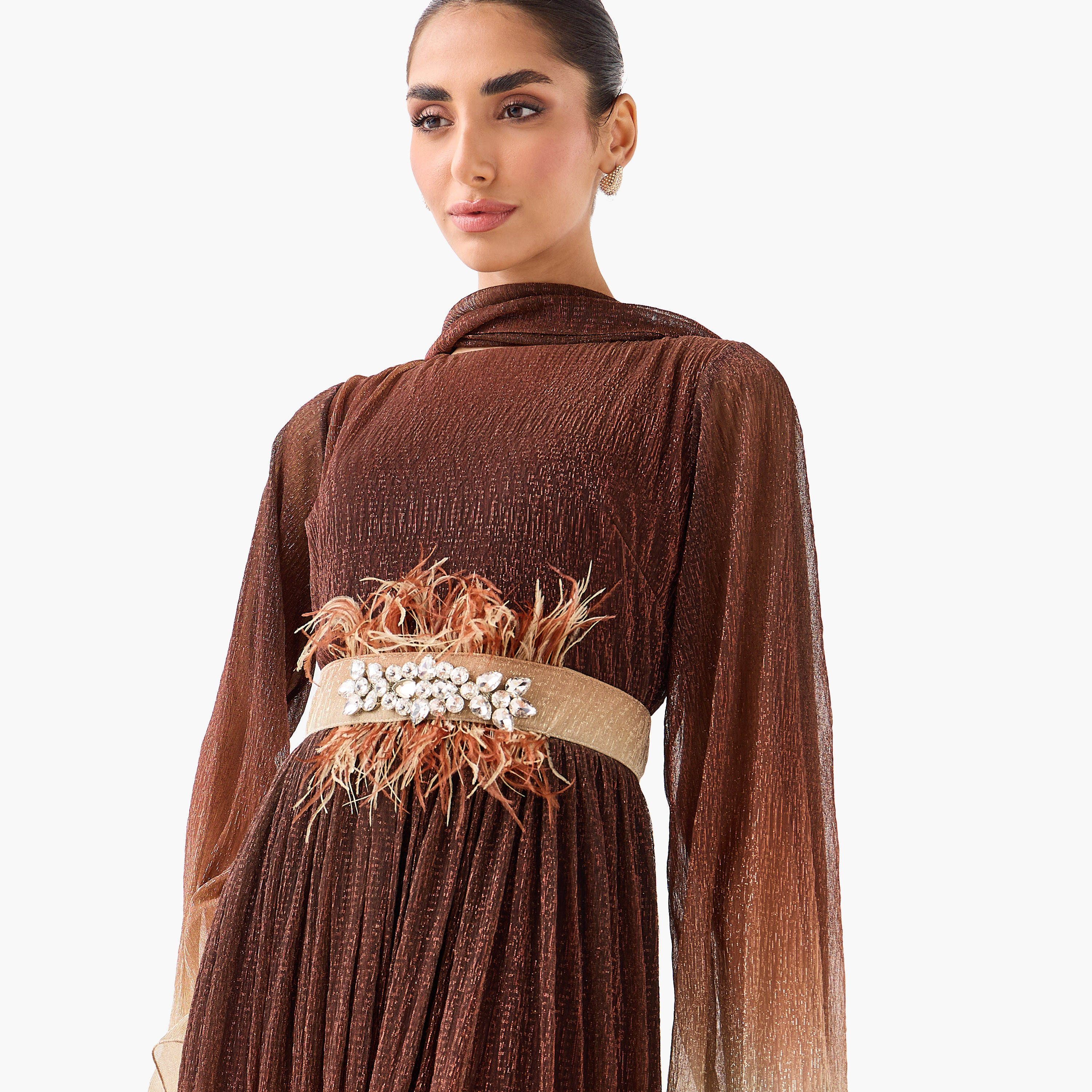 Golden Apple Multicolour Feather Detailed Flared Sleeves Women's Evening Maxi Dress-women-clothing-dresses-image-5