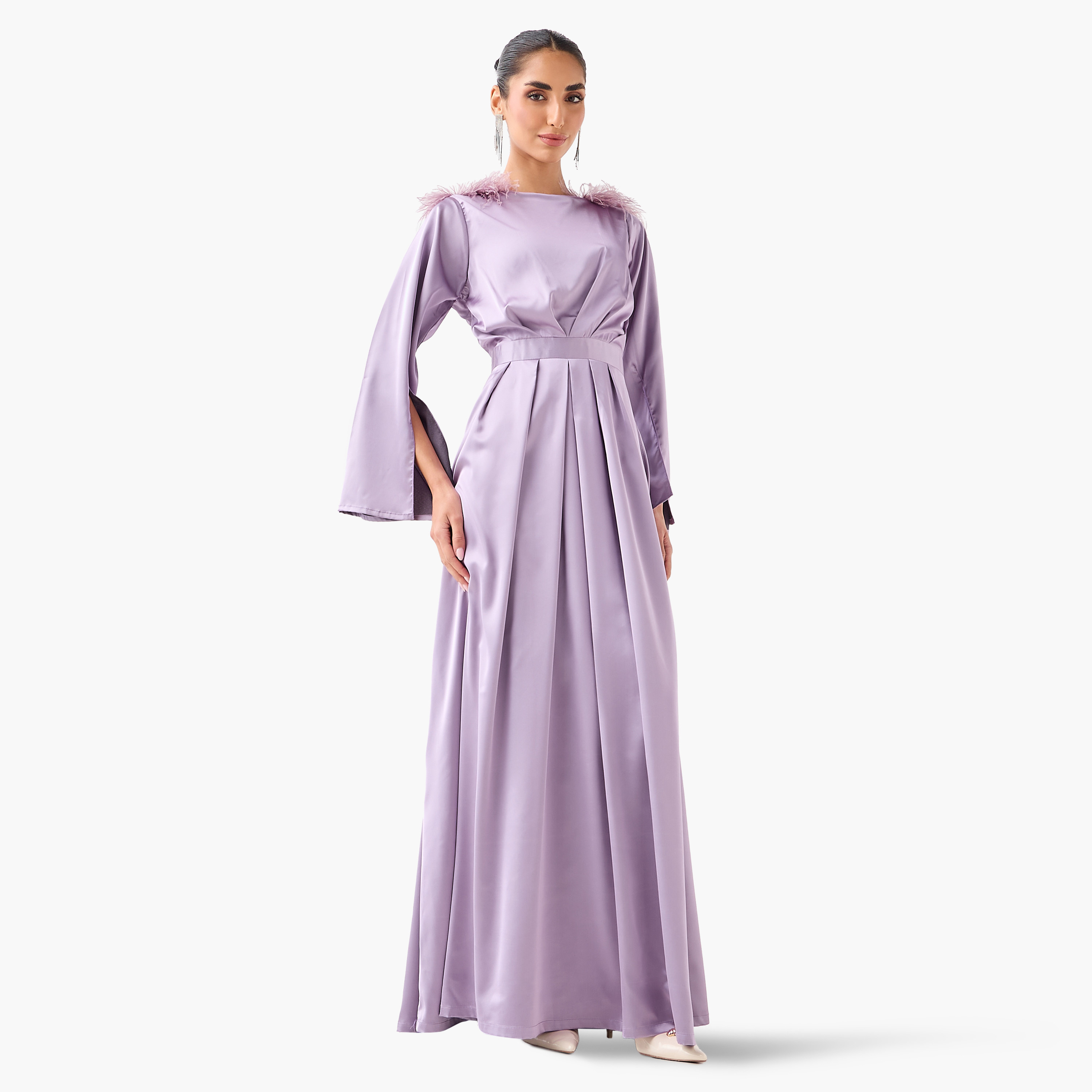 Golden Apple Lavender Feather Detailed Boat Neck Flared Sleeves Pleated Women's Evening Maxi Dress-women-clothing-dresses-image-1