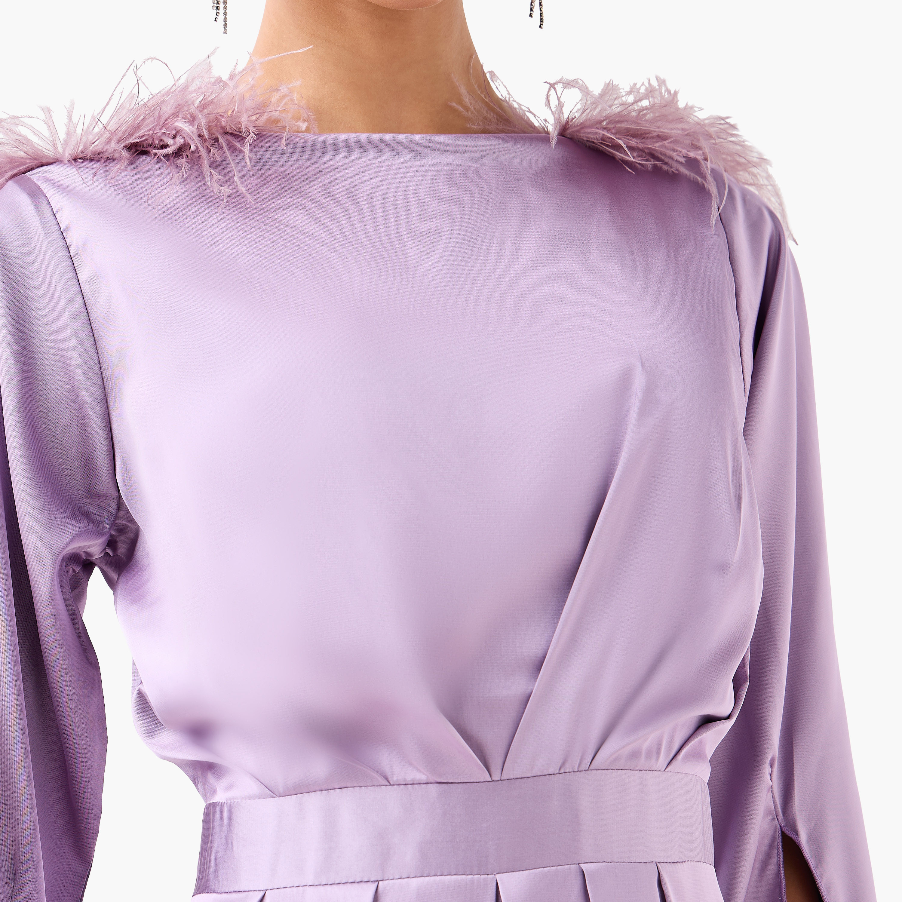 Golden Apple Lavender Feather Detailed Boat Neck Flared Sleeves Pleated Women's Evening Maxi Dress-women-clothing-dresses-image-2